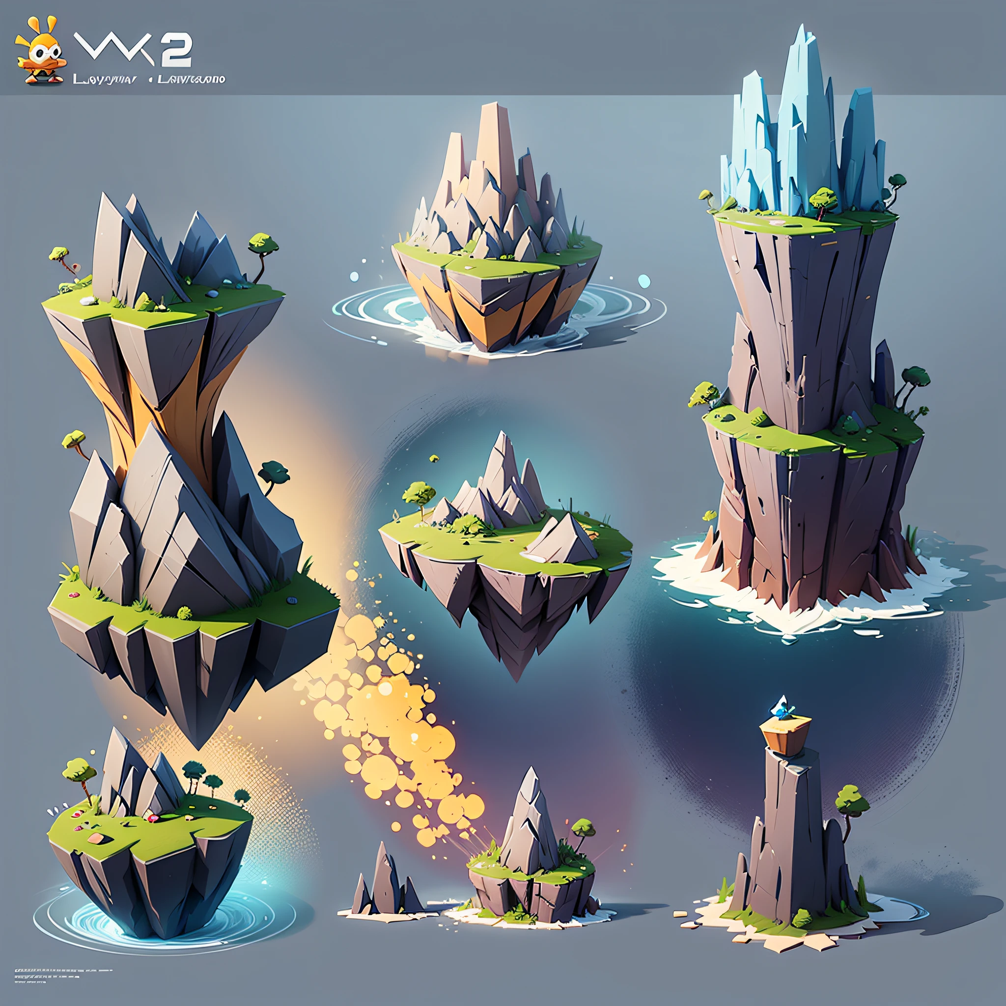 super detailed low poly rock asset variations for a 2d game, Rayman Legends style, concept art, simple background --auto --s2