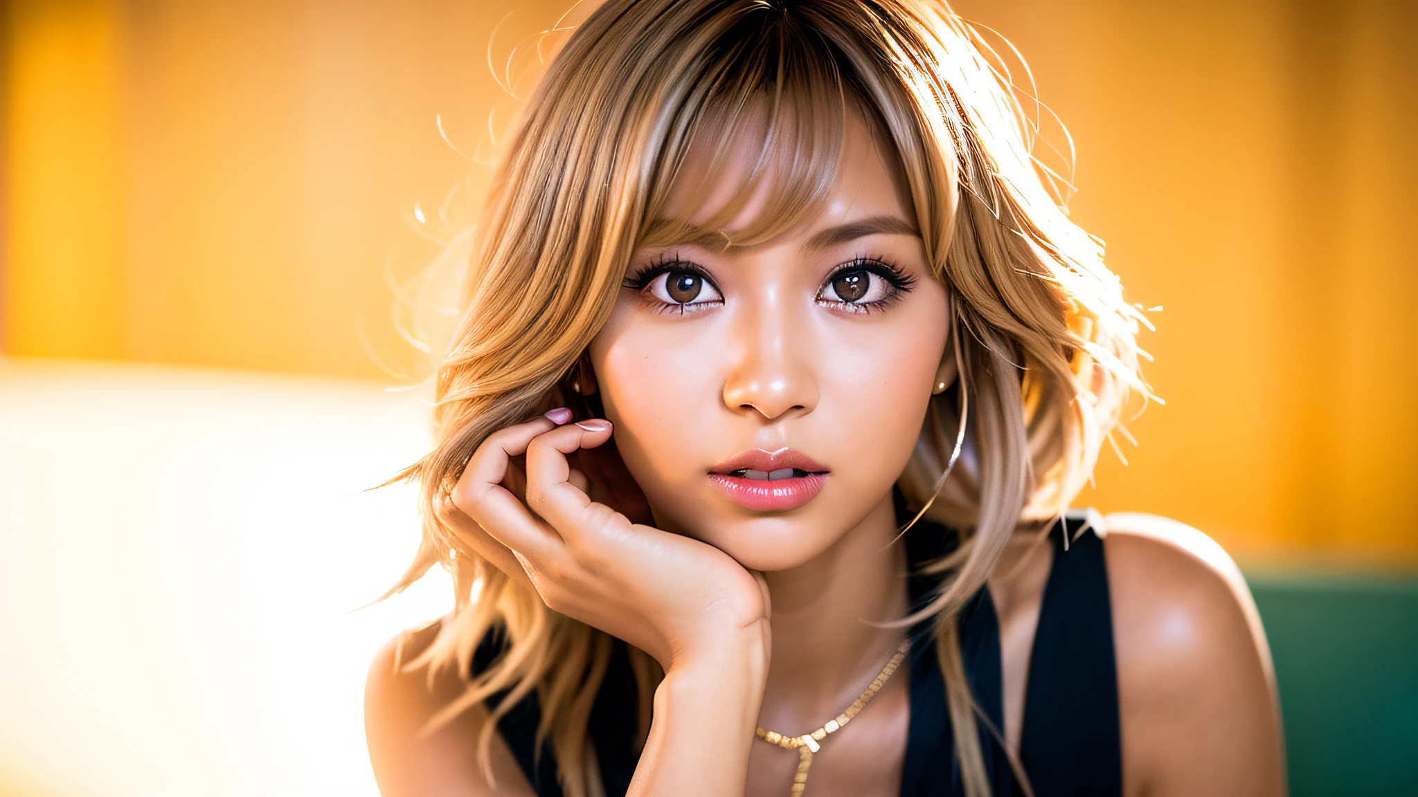 gyaru, dark-skinned, working hard, sony a7, 35mm Lens, f1.8, film gain, golden hour, soft lighting