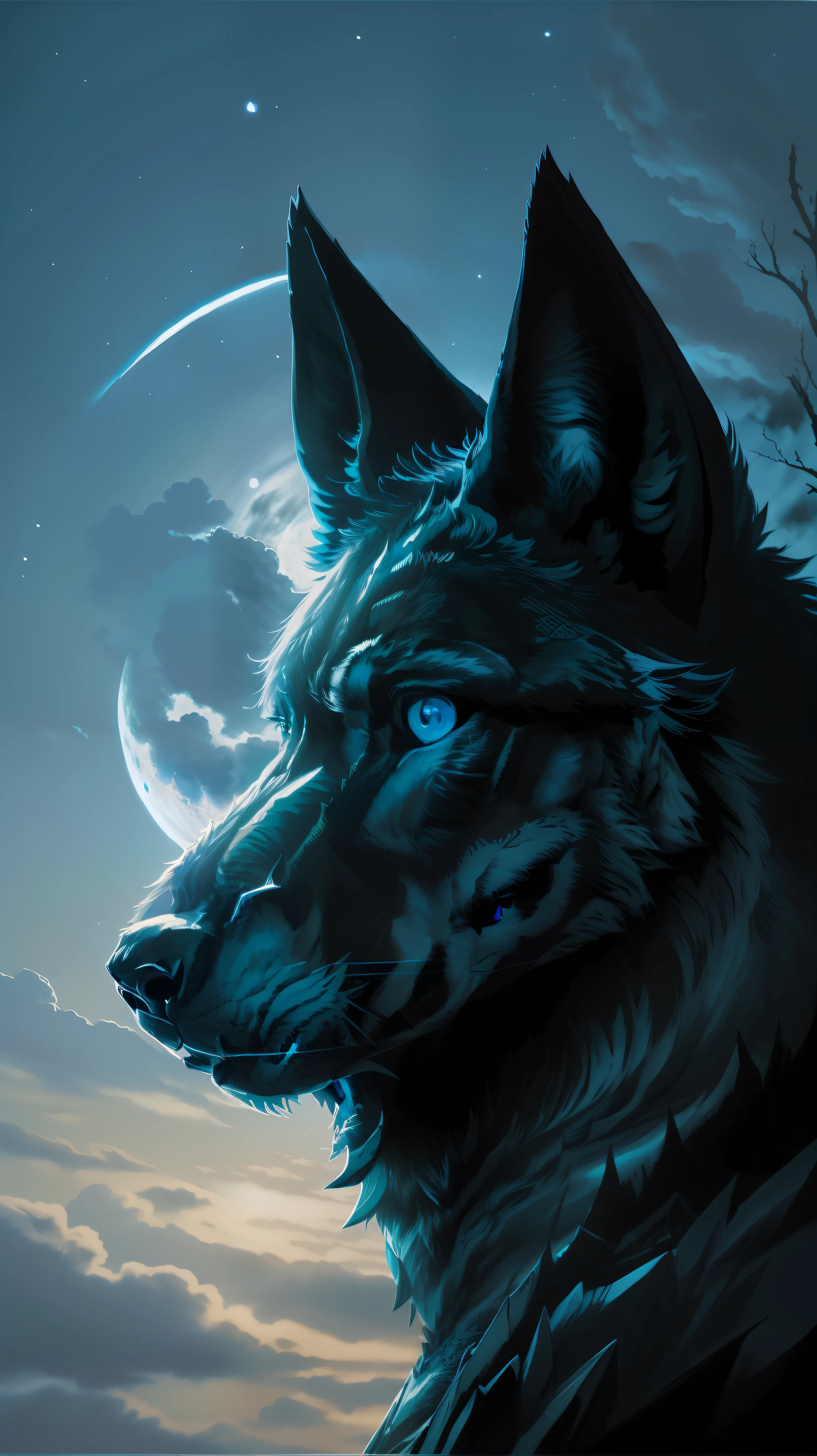 (Masterpiece detailed high image quality) "Black color with blue eyes" wolf dangerous forest, midnight, full moon. 1 solo lobe. ( Front angle of image)