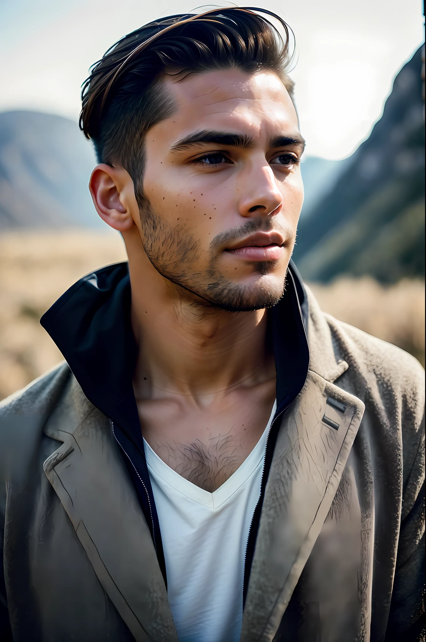 world press photo winner, (award-winning photography:1.3), (modern American man, beautiful face, young man, American skin tone, typical American male features:1.4), (very sharp photo:1.1), (8k, RAW photo, best quality:1.3), (realistic, photo-realistic, feminine, modest clothes:1.1), Craggy mountain range, rocky terrain, dramatic peaks, cold, challenging, inspiring,  Portait of a (beautiful typical modern American man outdoors:1.5), analog style (look at viewer:1.2) (skin texture) (film grain:1.3), (warm hue, warm tone:1.2), close up, cinematic light, sidelighting, ultra high res, best shadow, RAW, upper body, wearing pullover, Microgeometry, skin elasticity, light scattering through hair, ambient occlusion, multi-layer skin shading, facial muscle simulation, iris and pupil rendering, advanced color grading
