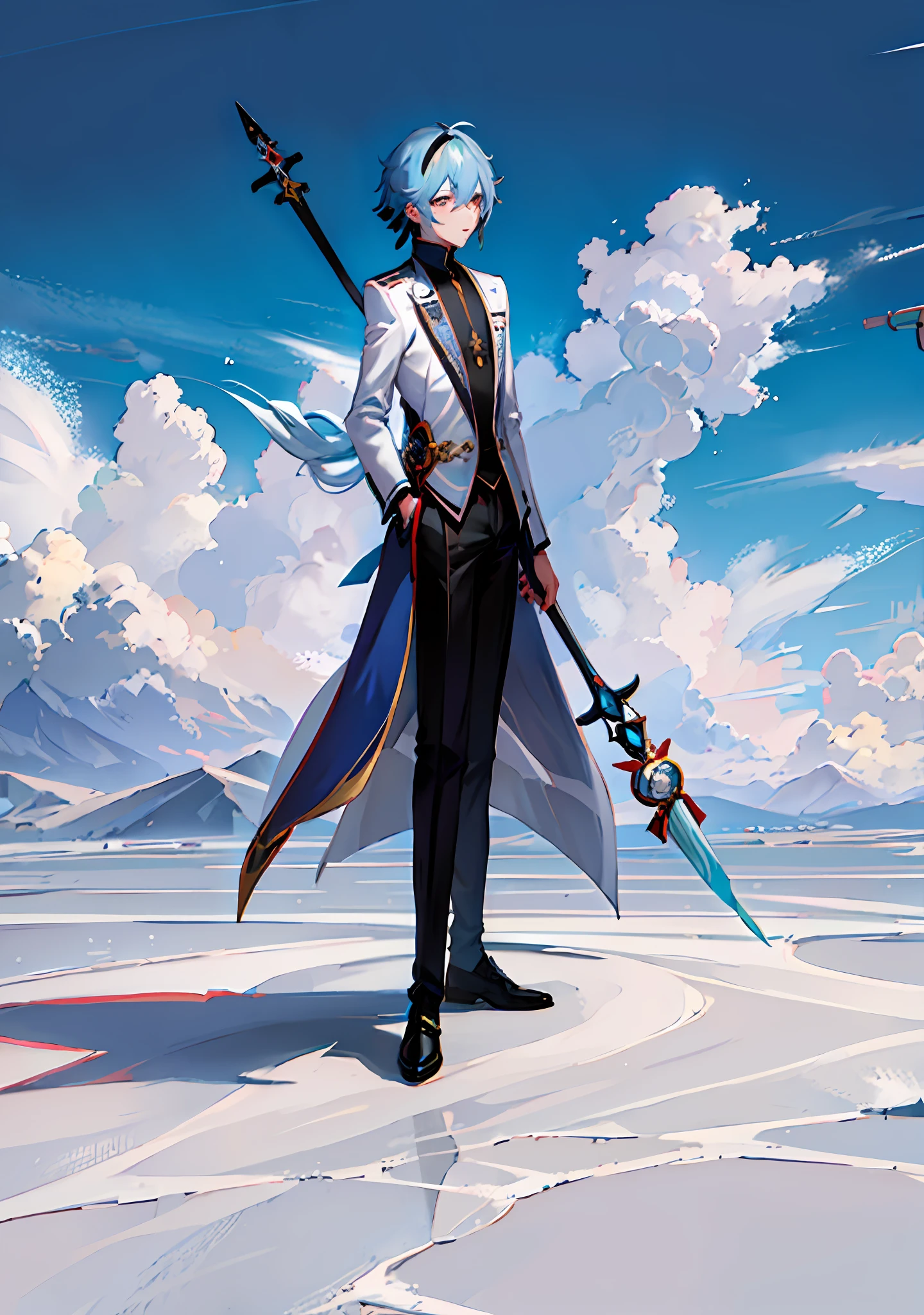 Masterpiece, best quality, high resolution, anime character with blue hair with white costume, Genshin Impact Kokiyo, Genshin Impact character, Remlezze, Ark of Tomorrow, Genshin Impact Nakata, Detailed Key Anime Art, Exquisite Hermaphroditic Prince, Muneshima Shigeri illustration, Genshin Impact style, Beautiful Hermaphroditic Prince, Key Anime Art, Genshin Impact, Full Body Single Character, Expressionless, Cat Ears, Cat Tail