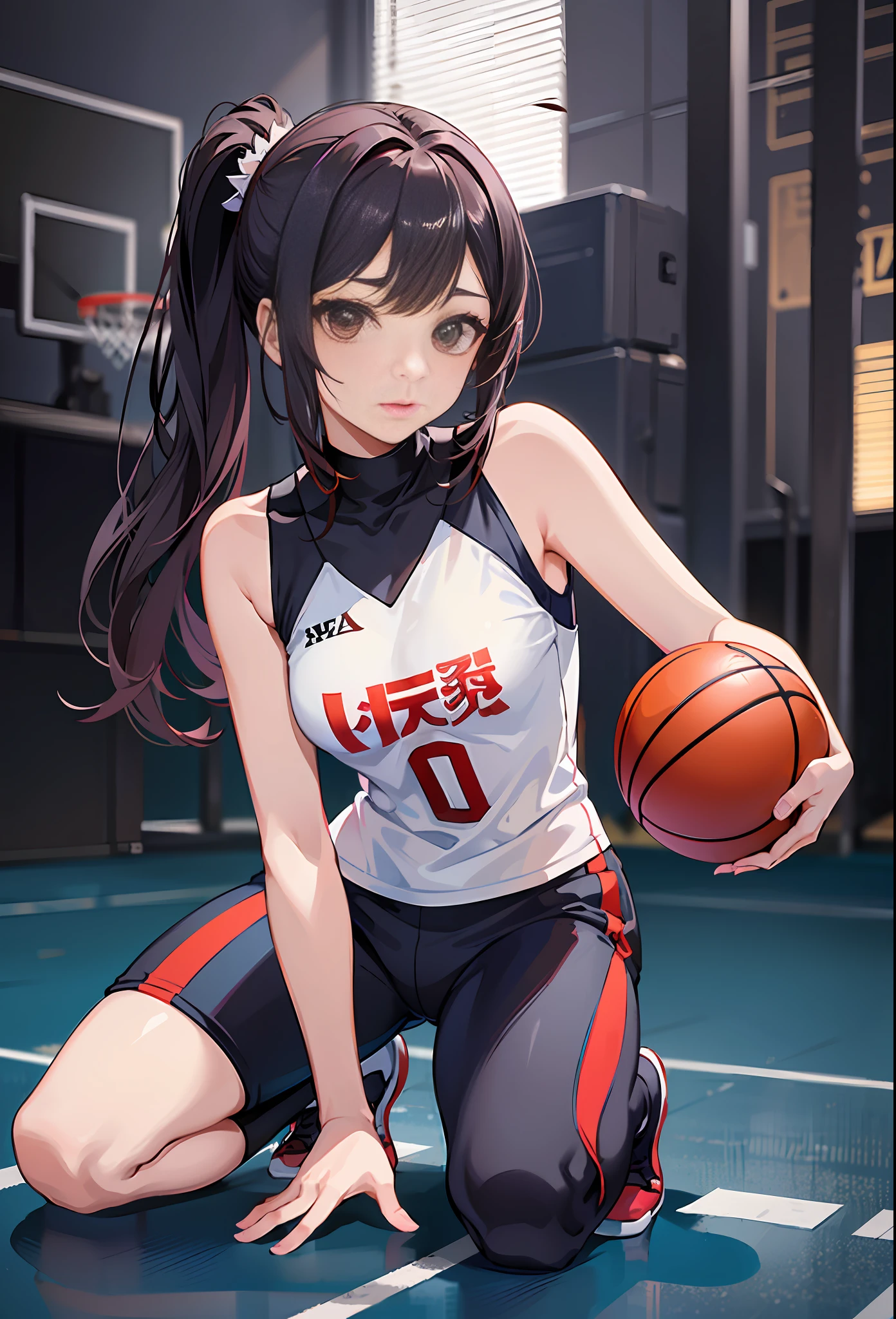 there is a woman kneeling on a basketball court with a bat, sporty, wearing basketball jersey, full body xianxia, dilraba dilmurat, iu, ulzzang, inspired by Zou Yigui, inspired by Ma Yuanyu, li zixin, sha xi, ❤🔥🍄🌪, by Yang J, jisoo from blackpink