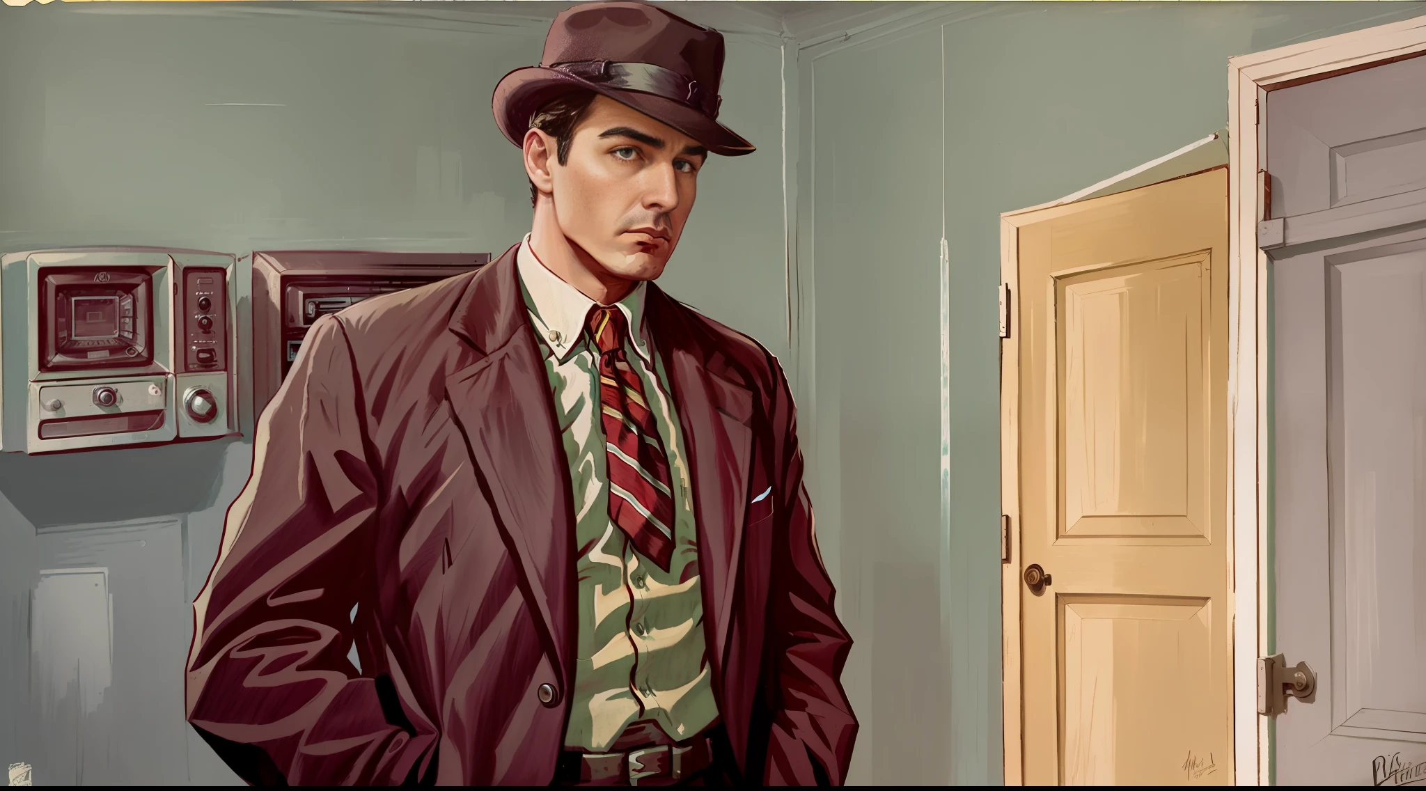 male detective, wearing a hat, looking stern, standing in an old apartment room, very dark, dim light, at night, vintage art, illustration, upper body perspective