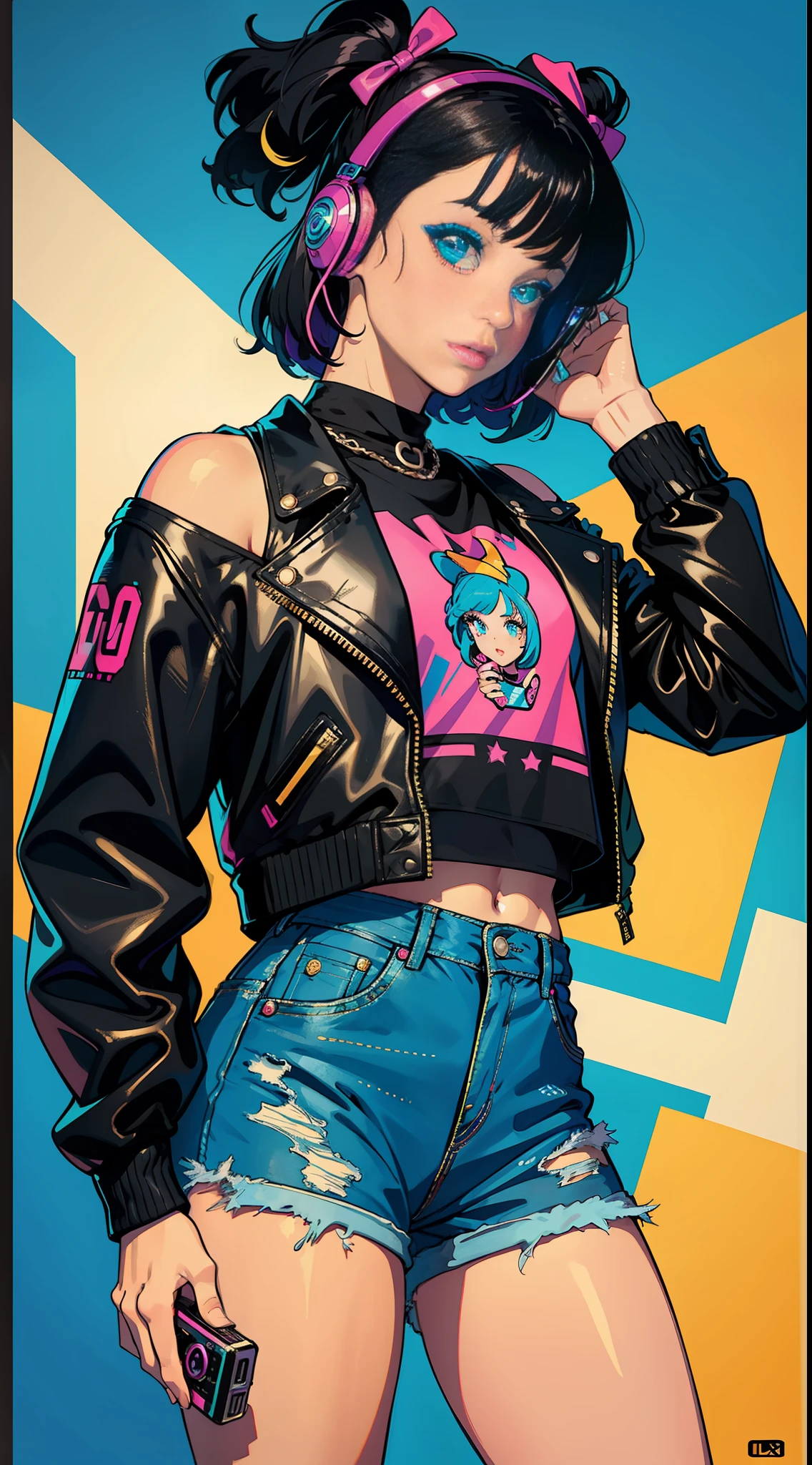 Girl, Solo:
Style: 80's
Quality: Bold
Quality: Animated
Painting: Colorful and striking eye shadow
Image Effect: A VHS effect filter, creating a retro aesthetic
Appearance: Wearing a black leather jacket with shoulder pads and tight jeans with acid wash
Composition: Voluminous hair with side bangs and colored bow, holding a walkman with headphones.