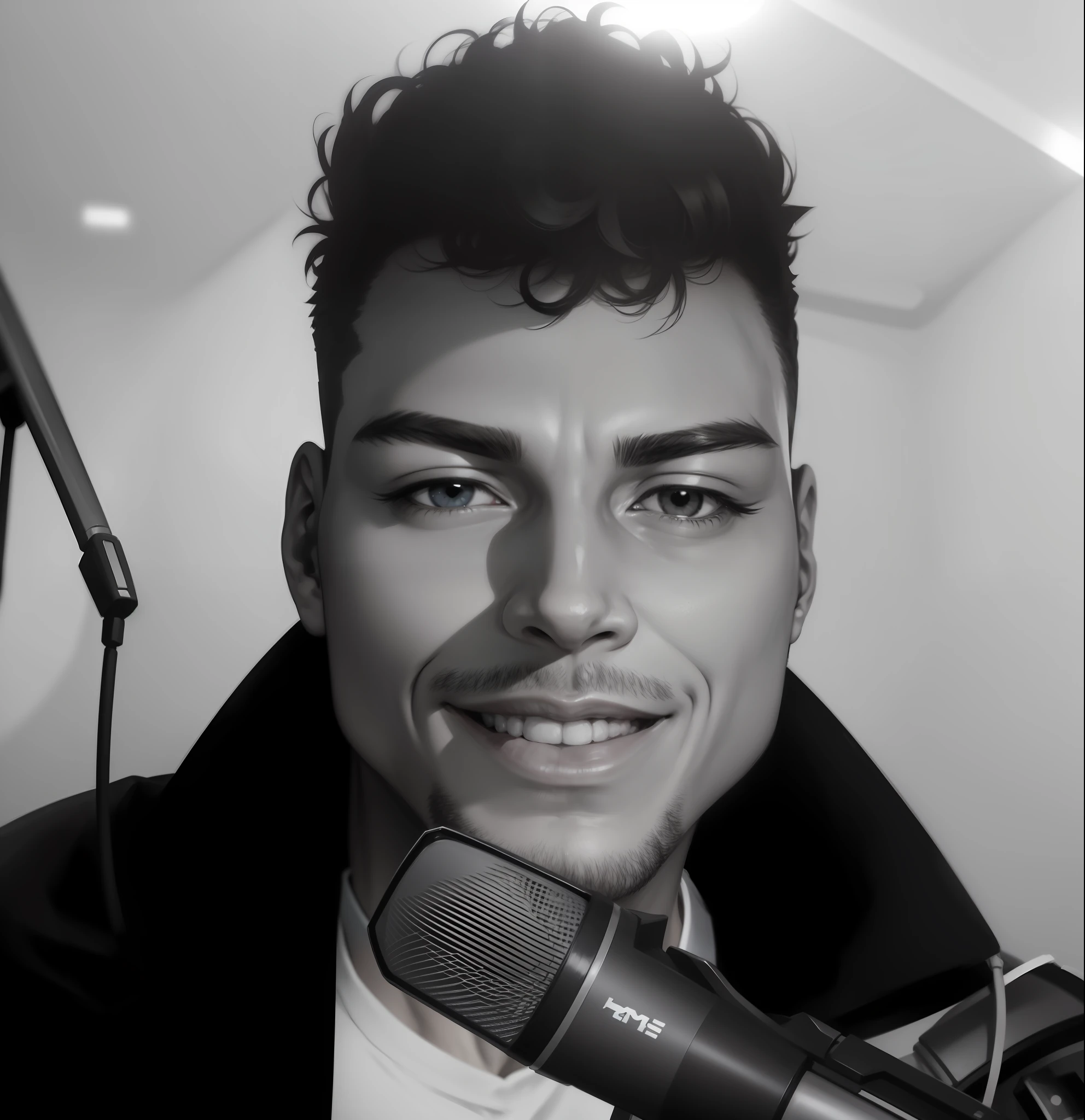 Arafed man with a microphone in his hand and a smile on his face, headshot profile photo, taken in early 2020, headshot, black and white photo, headshot photo, profile picture, 1/2 headshot, desaturated!!, uploaded, Twitch streamer/gamer ludwig, halfbody headshot, desaturated!, 1/4 headshot,Japanese anime --auto --s2