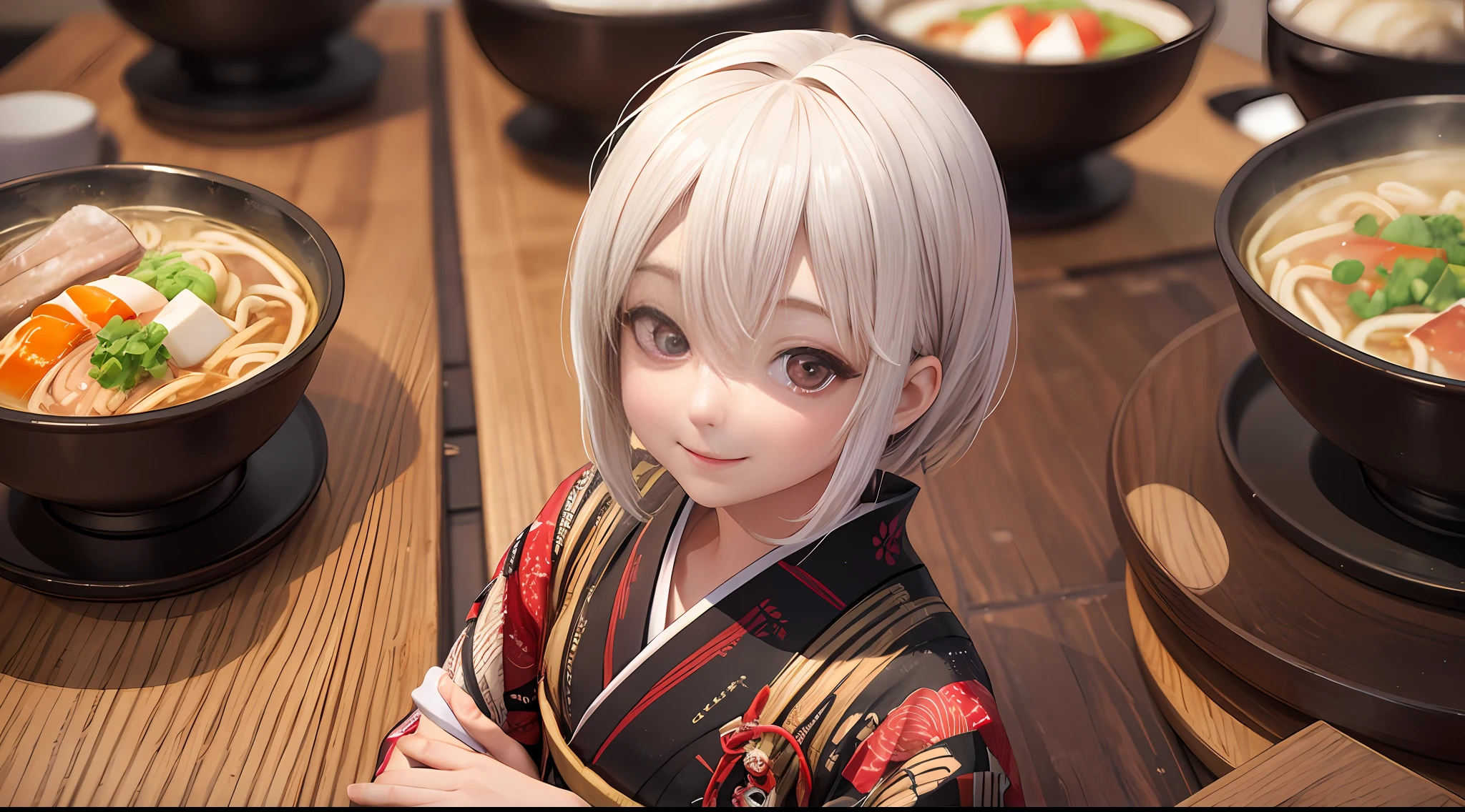 Japanese ramen::1.5,Realism:::1.4, Shadows,Food photography,Super high resolution,Japanese food,Wearing traditional Japanese clothes,Big eyes with eyes,shadow,With a smile,Texture,3D,character 3D person photorealistic mix checkpoint model woman game character realistic women --auto --s2