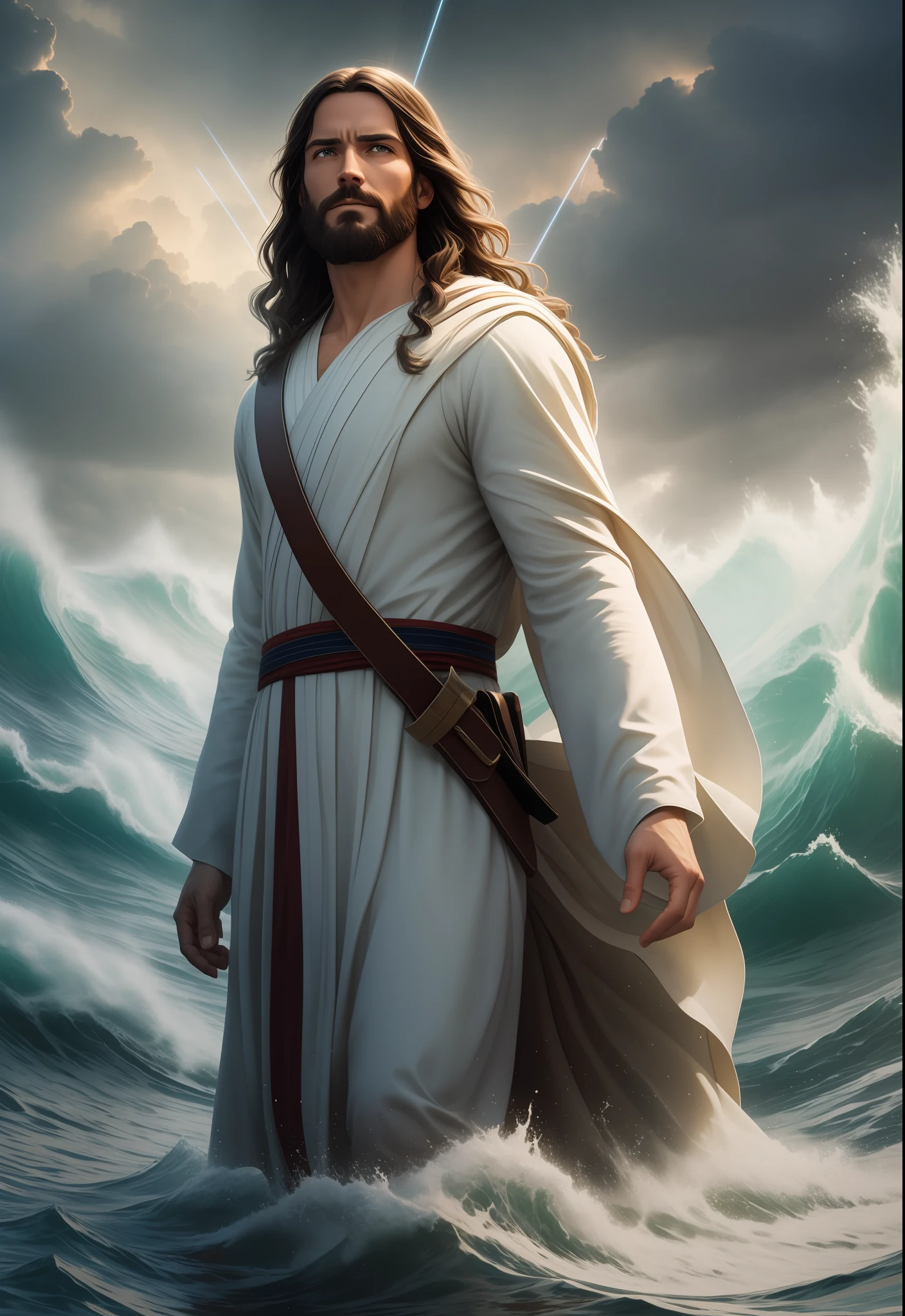 Jesus walking on water in a storm, gentle expression, streaks of light coming down from the sky, masterpiece, highest quality, high quality, highly detailed CG unit 8k wallpaper, award-winning photos, bokeh, depth of field, HDR, bloom, chromatic aberration, realistic, very detailed, trending at artstation, trending at CGsociety, complex, high detail, dramatic, mid-journey art, volumetric lighting