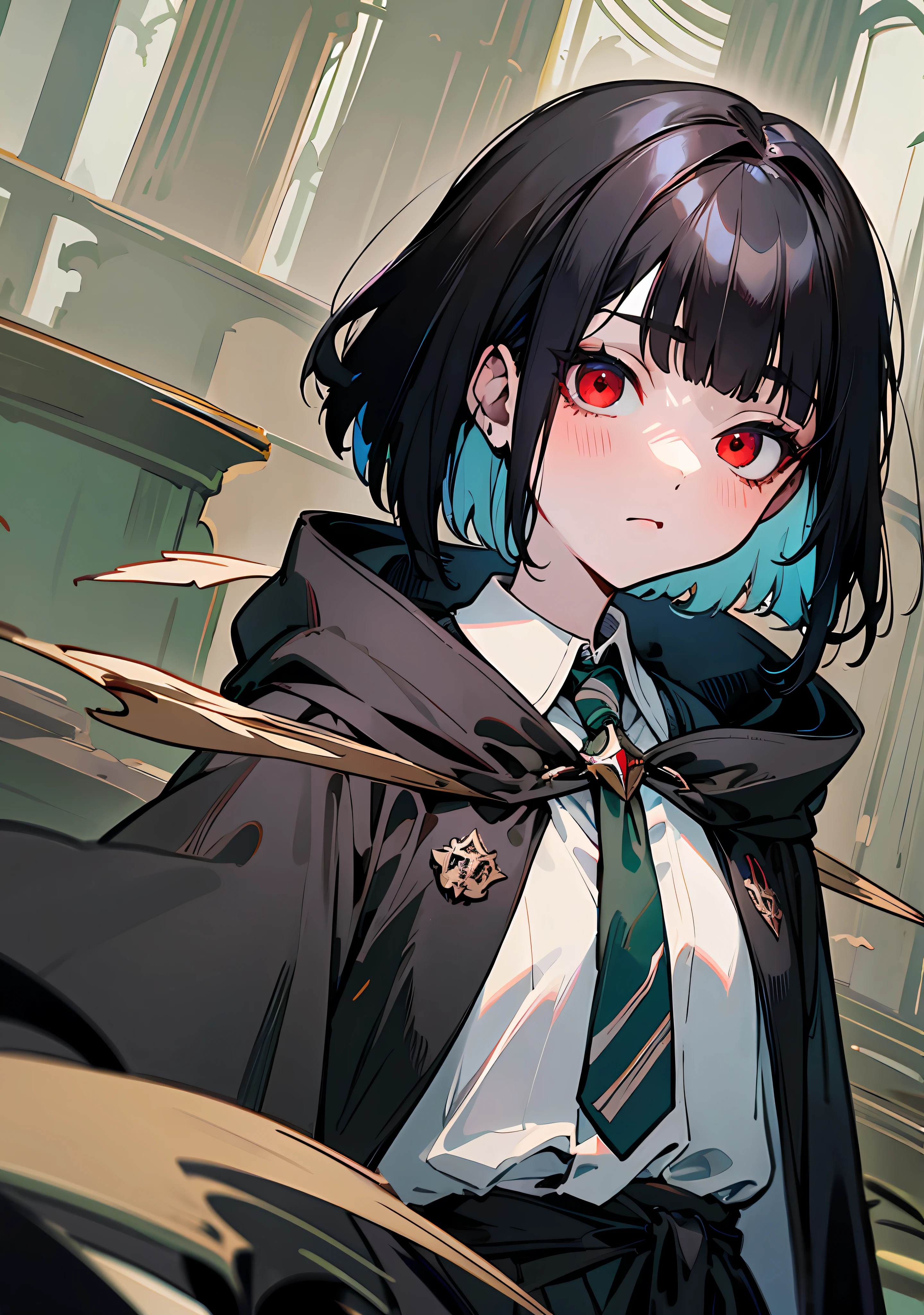 Long, flowing witch robes, A black coat with a flowing hood, Hogwarts coat of arms, Green and silver striped tie, Neat button-down shirt, Pleated skirt, black hair, short hair, bangs, tsurime, red eyes, three sided view, UHD, ccurate, high details, 16k, highres, super detail, masterpiece, anatomically correct, high quality,girl,tsurime