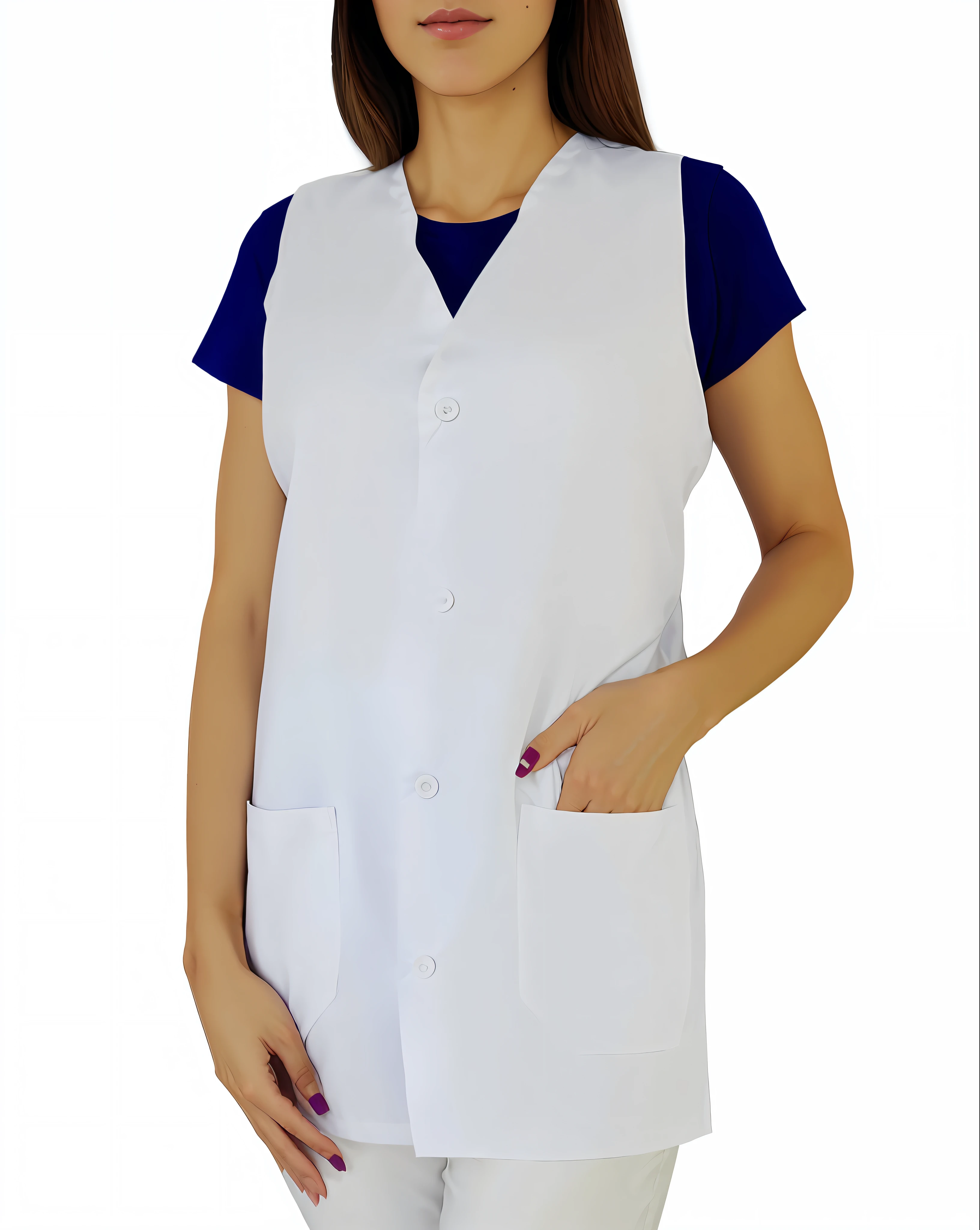 A closeup of a beautiful woman wearing a white vest and a blue hat, perfect hands, lab coats, lab coat, lab coat, white apron, vest, wearing a lab coat, lab coat and t-shirt, white lab coat, white apron and t-shirt, with two front pockets, pelisse, wearing a white lab coat, wearing lab coat, white uniform