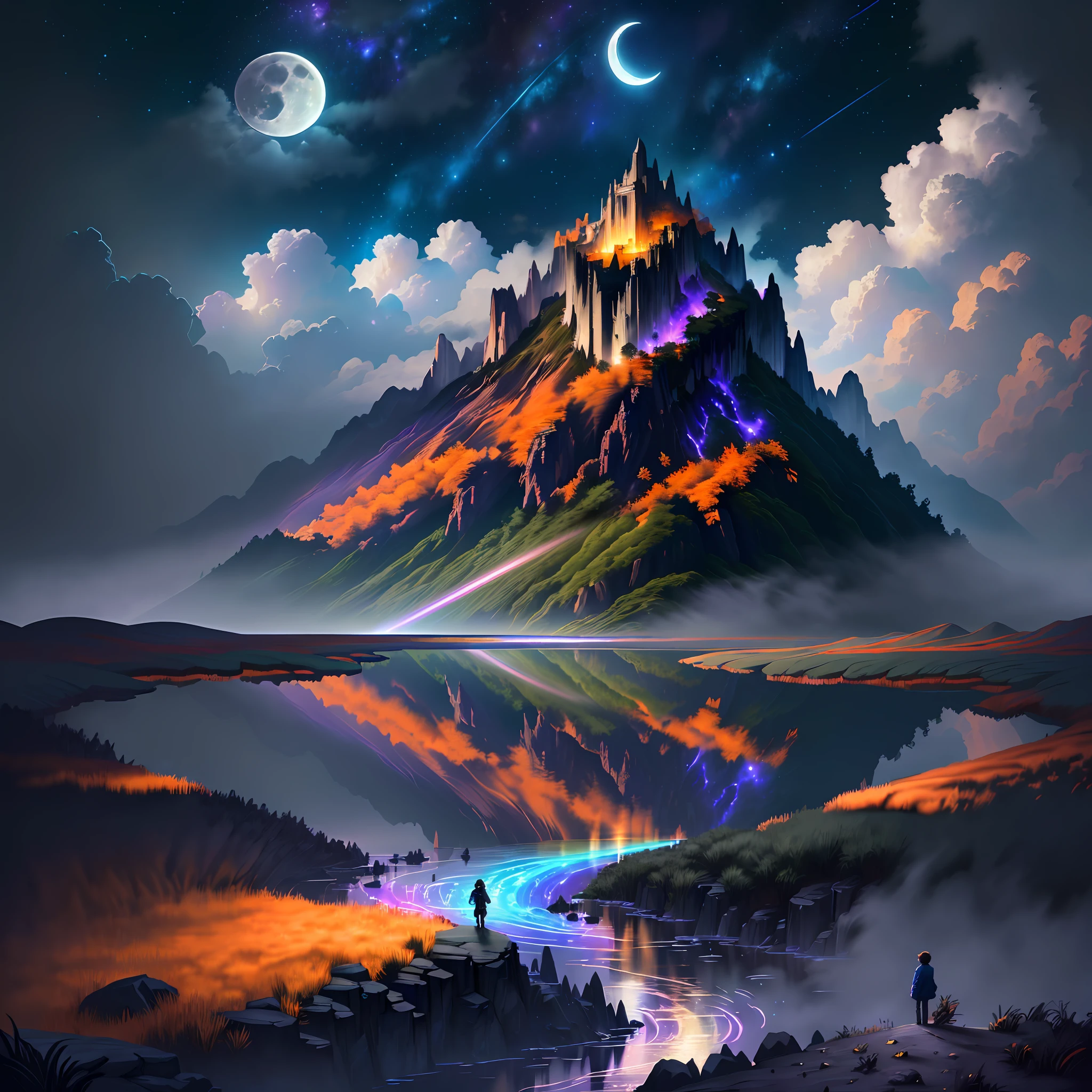 Vast landscape photos, (looking at the sky and the wilderness below), boy standing in a flower field looking up, (Full Moon: 1.2), (Meteor: 0.9), (Nebula: 1.3), Distant Mountains, Tree Breaking Making Art, (Warm Light Source: 1.2), (Firefly: 1.2), Lights, Purple and Orange, Intricate Details, Volumetric Lighting BREAK (Masterpiece: 1.2), (Highest Quality), 4K, Super Delicate, (Dynamic configuration: 1.4), Highly detailed and colorful details (rainbow color: 1.2), (Sparkling lighting, atmospheric lighting), Dreamy, magical, (Solo: 1.2), (Ying Dragon God), (Through the clouds), (Top of the mountains), (Complex), (Super Detail), (Starry Sky Background), (Stout Limbs), (Moon Night), (Ultra Clear), (Best Quality),
