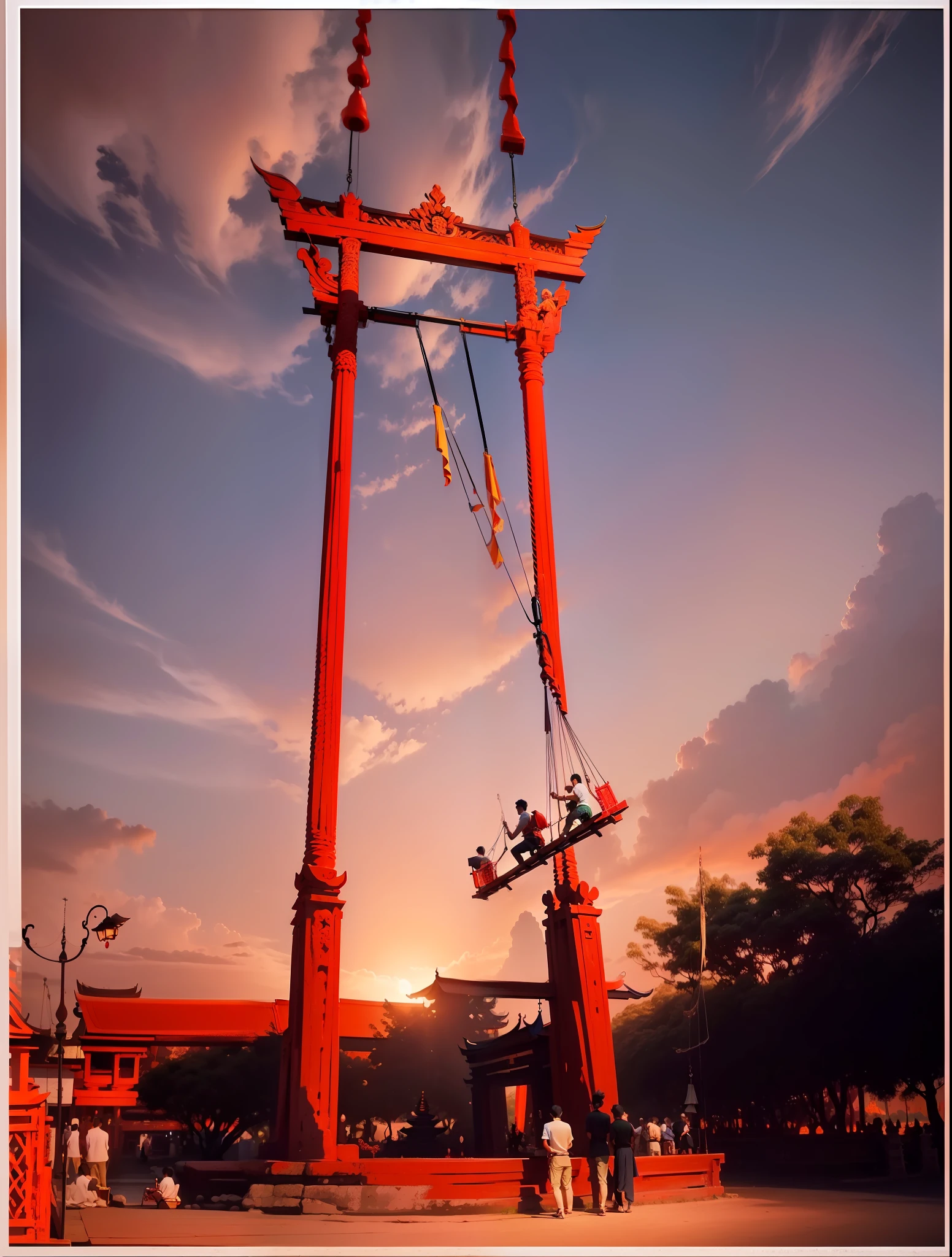 Thailand tourist destination, (((color photo)), three men on a swing like a ship hanging from a magnificent red torii gate, Thailand, photos from different angles, gazebo, colorful, highly detailed, high resolution, dramatic lighting, 8K vivid colors, detailed acrylic, complex complexity, soft natural volume cinema perfect light, clear photos, SLR --auto --s2