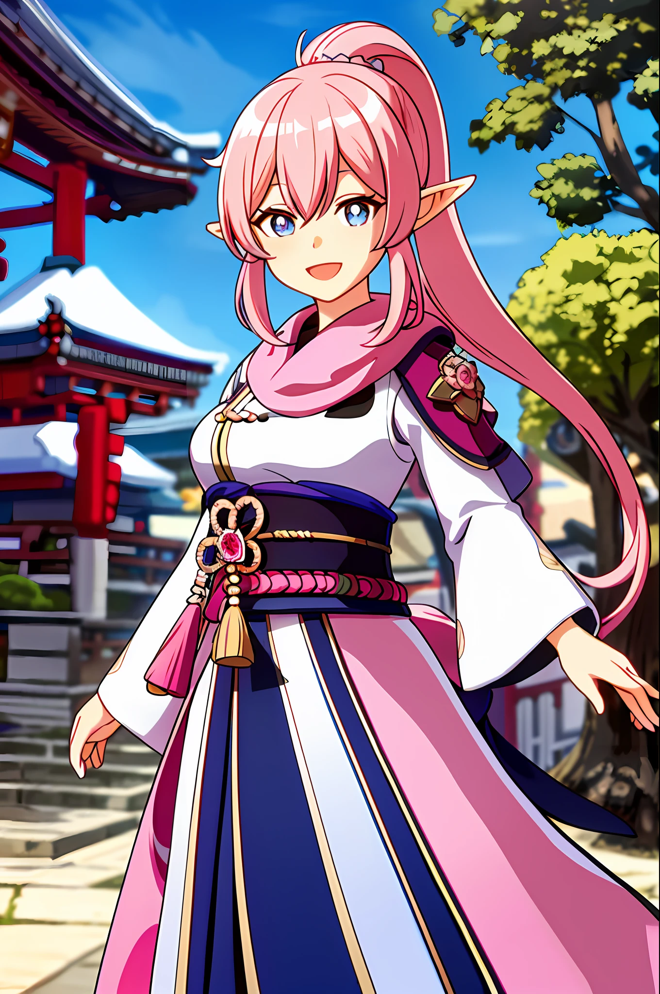 masterpiece, best quality, 1girl, solo, upper body, genshin impact, 1girl, elf ears, branch, large breasts, open mouth, elysia, huge breasts, large breasts, massive breasts, elysia (Honkai Impact), jewelry, long hair, ponytail, blunt bangs, looking at viewer, ear cuffs, breasts, big smile, long traditional kimono, pink and white kimono, blue military cloak, military shawl, cowl, cloak, shawl, outdoors, pink hair, blue eyes, pink pupils, pink pupils, blue eyes, pink pupils, long sleeves, Japanese, Inazuma, big sleeves, loose sleeves, sidelocks, smile, solo, dynamic pose, genshin, waving