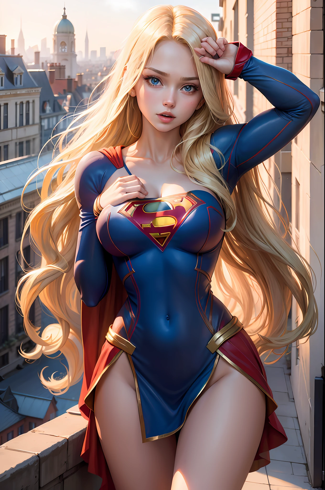 ((best quality, masterpiece, absurdress) , supergirl , 19 years old,long blonde hair, voluminous hair, loose hair, blue expressive eyes,huge breasts, supergirl wearing dress, terrace of a building, view of other buildings ,day