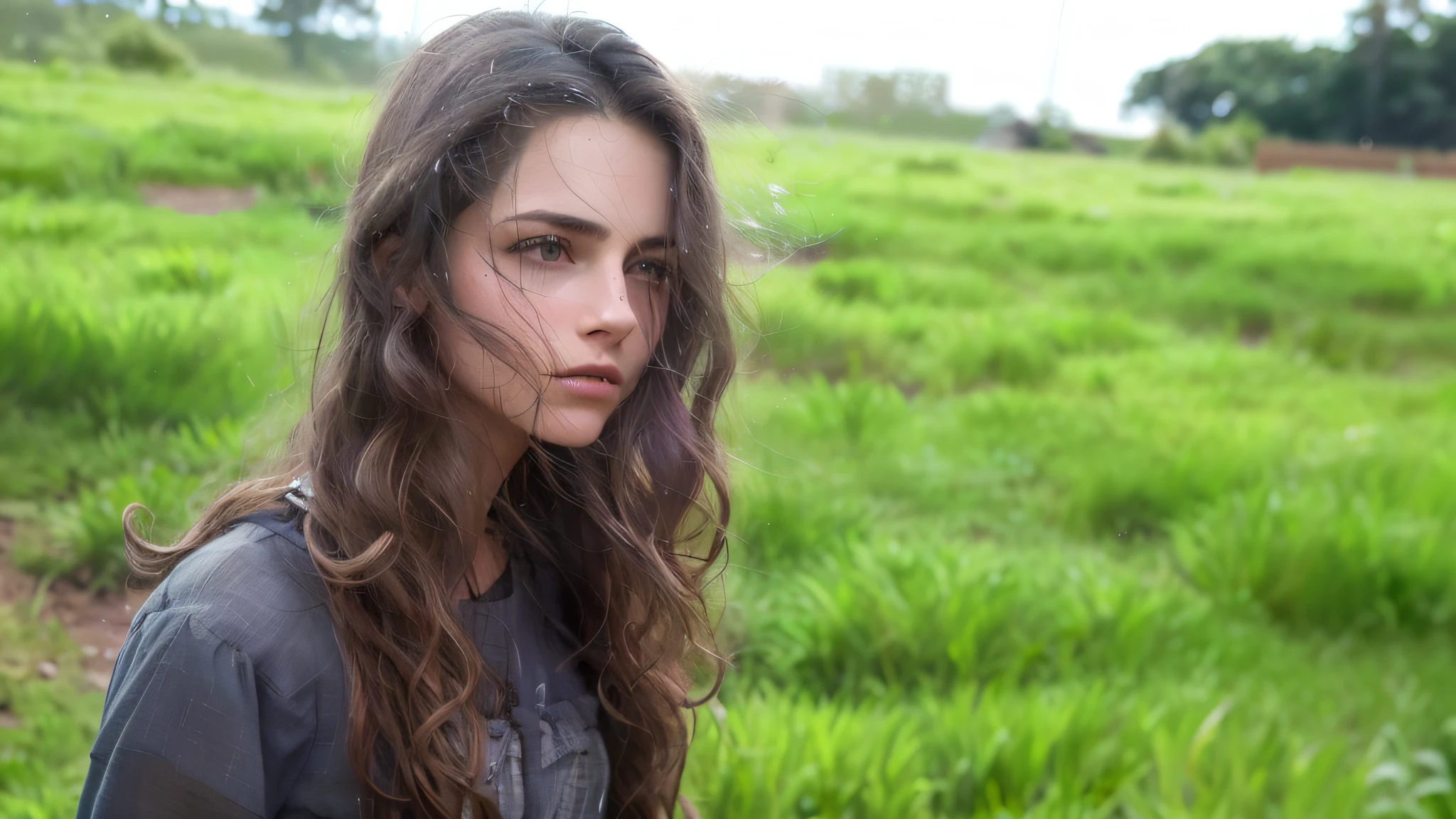 arafed woman with long hair standing in a field of grass, dafne keen, malika favre, wonderful scene, the most beautiful scene, beautiful girl, in a field, fernanda suarez, wet skin and windblown hair, (beautiful) girl, high quality film still, andrea rocha, gorgeous lady, in a grassy field, yael shelbia