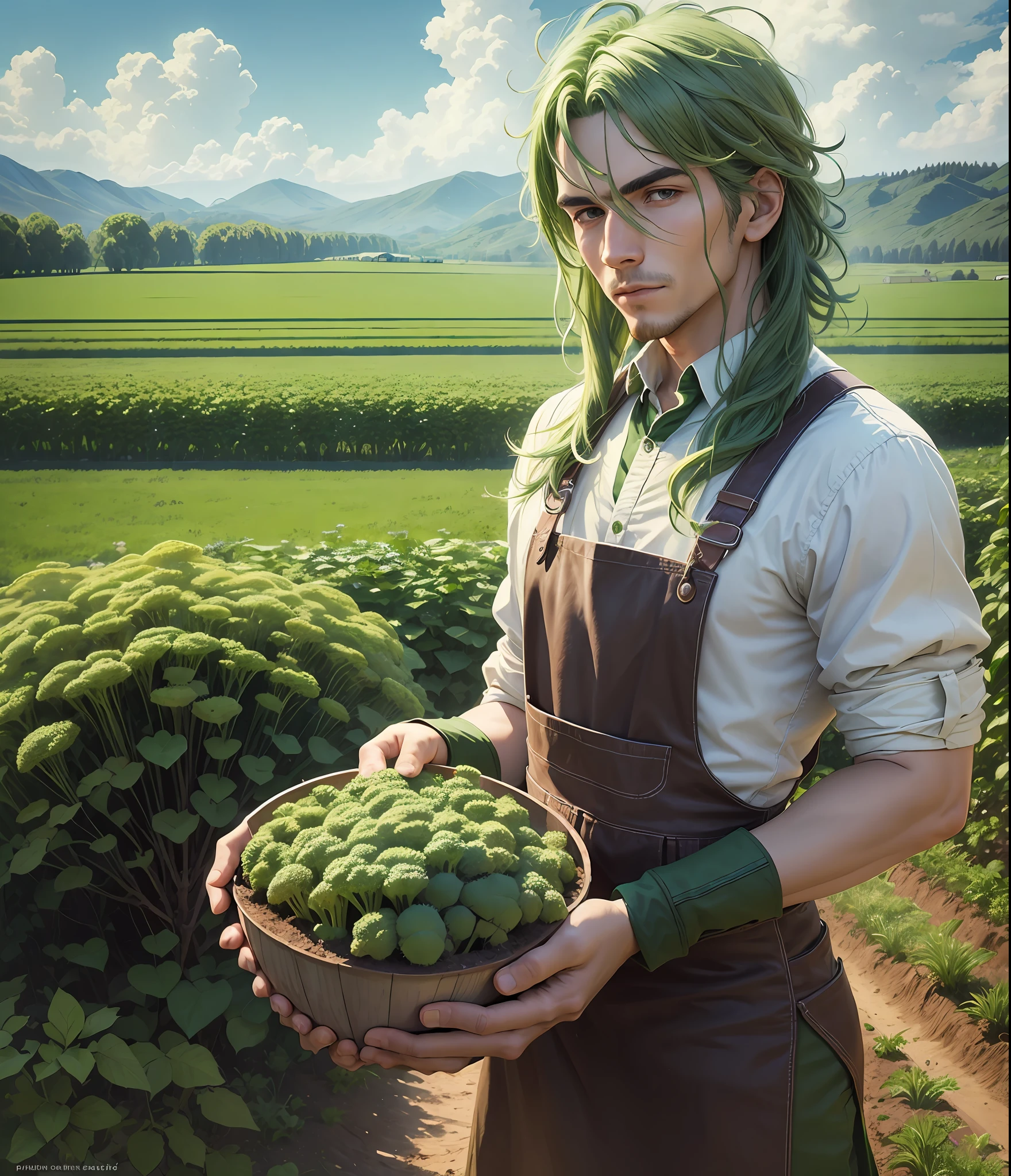 ((Best Quality)), ((Masterpiece)), ((Realistic)) and ultra-detailed photography of a Green haired dude planting broccoli in farming field