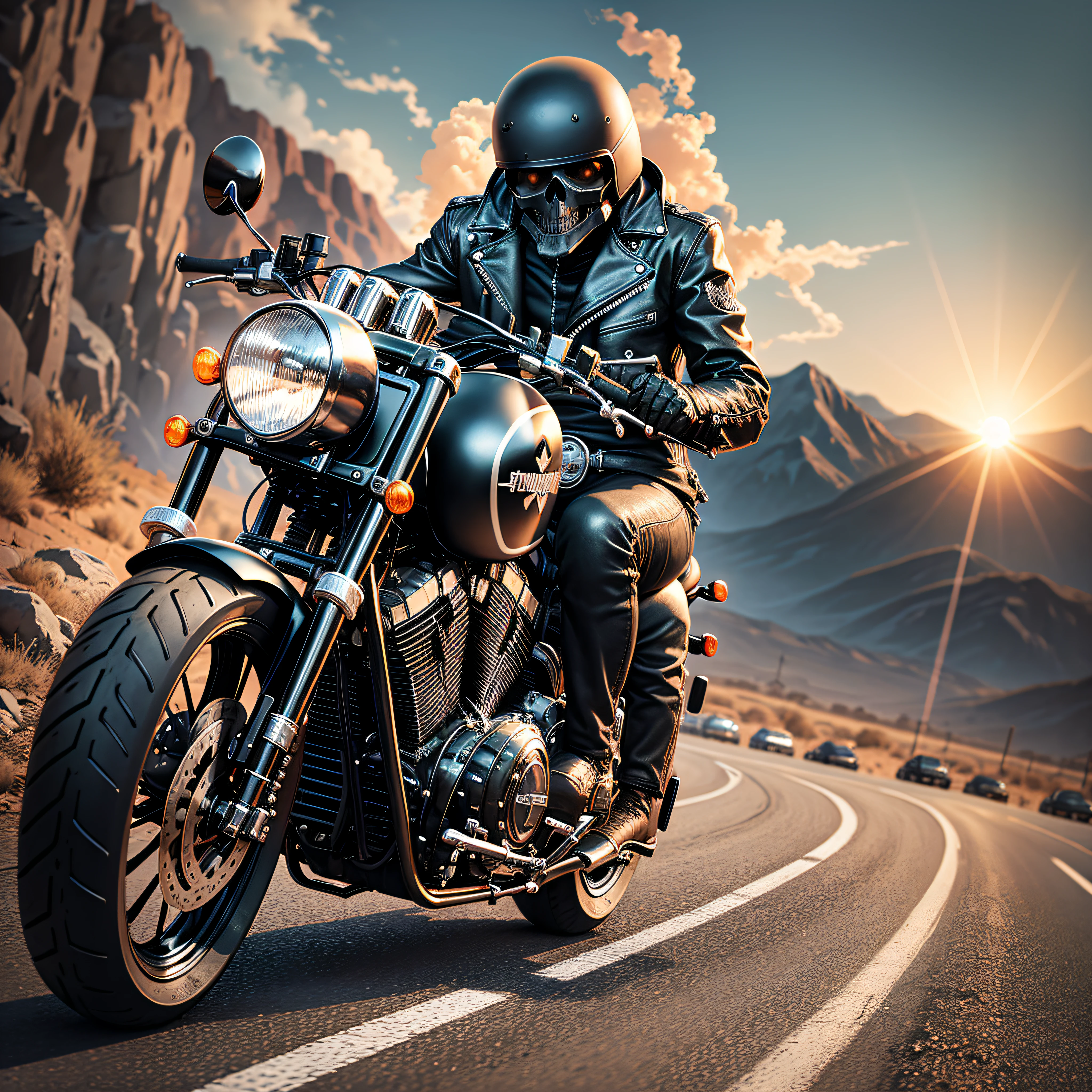 Skull style biker in bones with black leather jacket riding black color chopper motorcycle coming out of exhaust fire on highway type route 66 with background with sun at dusk with mountains --auto --s2