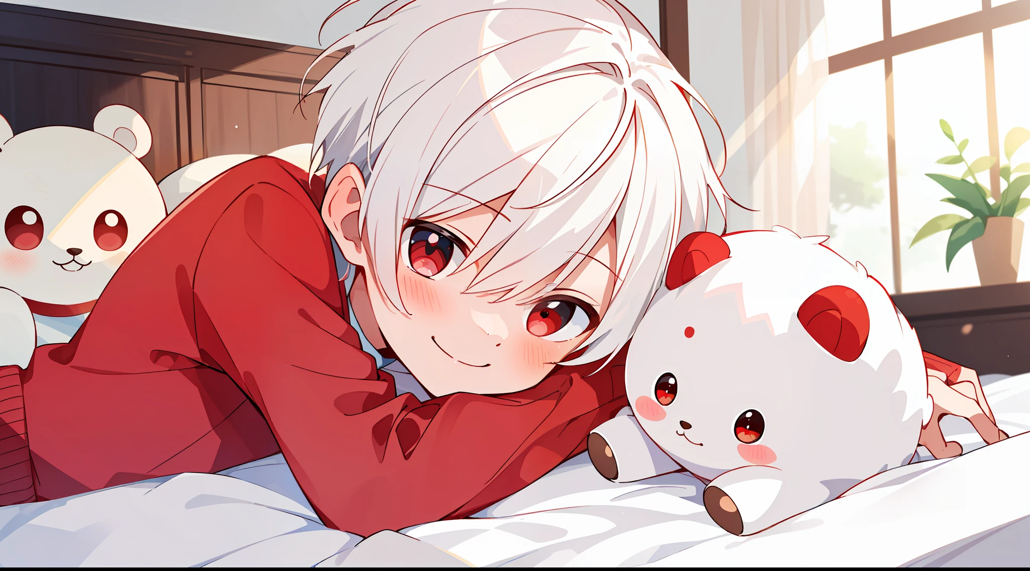 ((masterpiece)),(((best quality))), (high-quality, breathtaking),(expressive eyes, perfect face), 1boy, solo, male, short, young, small boy, short white hair, red eyes, smiling, blushing, long sleeve sweater, short shorts, indoors, lying on bed, stuff animal, cute, sweet, close up