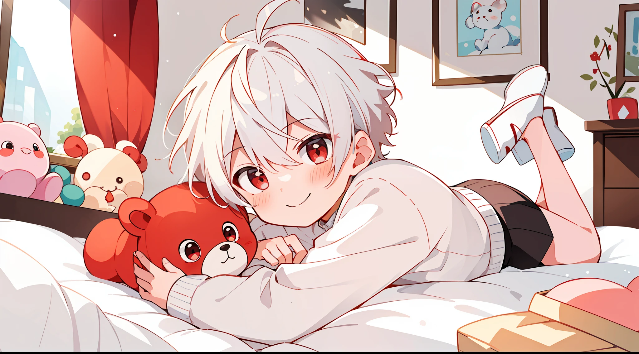((masterpiece)),(((best quality))), (high-quality, breathtaking),(expressive eyes, perfect face), 1boy, solo, male, short, young, small boy, short white hair, red eyes, smiling, blushing, long sleeve sweater, short shorts, indoors, lying on bed, stuff animal, cute, sweet, close up