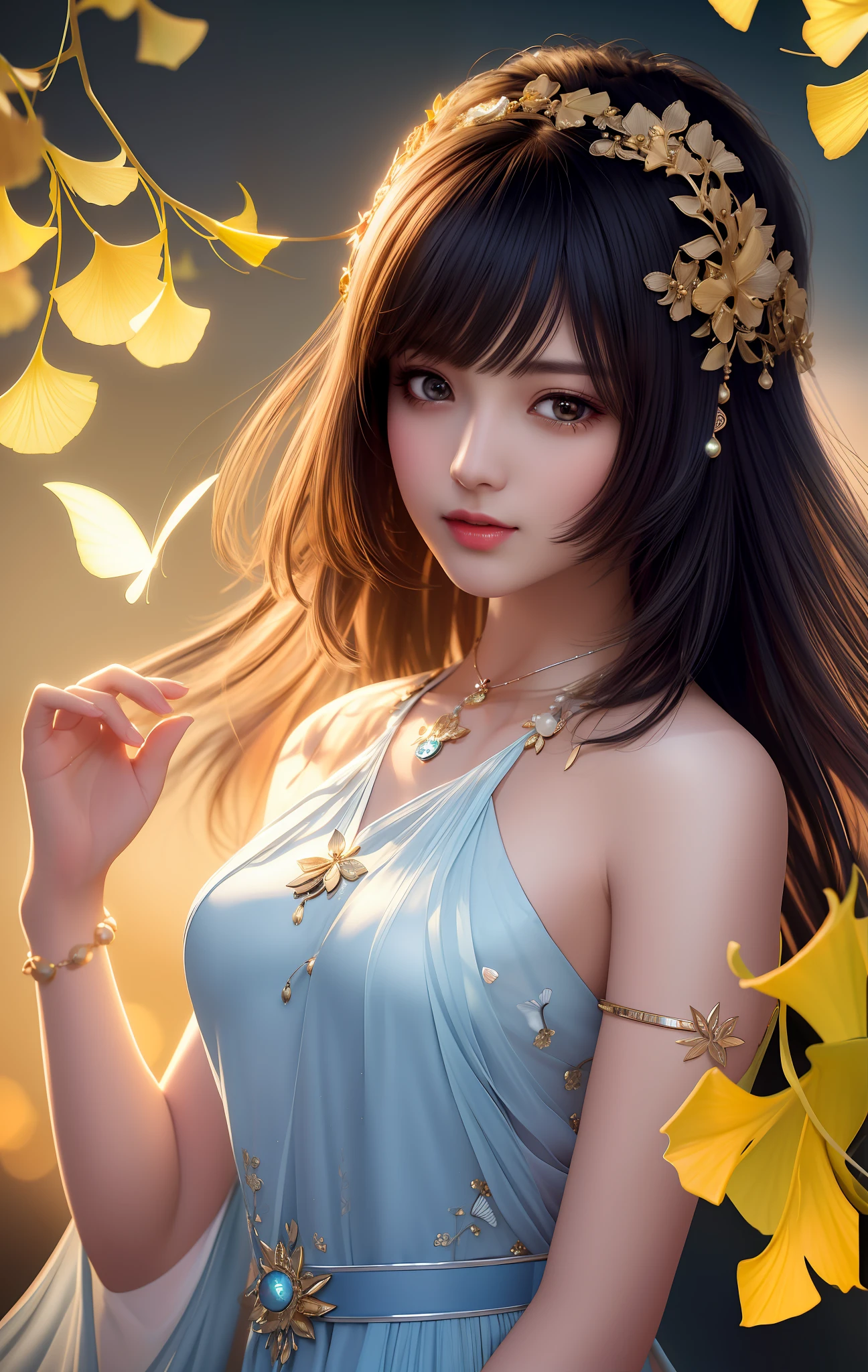 Best quality, masterpiece, high resolution, 1girl, porcelain dress, hair accessories, necklace, jewelry, beautiful face, on the body, tyndall effect, realistic, dark studio, edge lighting, two-tone lighting, (high detail skin: 1.2), 8k uhd, DSLR, soft light, high quality, volumetric light, sneak peek, photo, high resolution, 4k, 8k, background bokeh, black skin, fluttering ginkgo biloba,