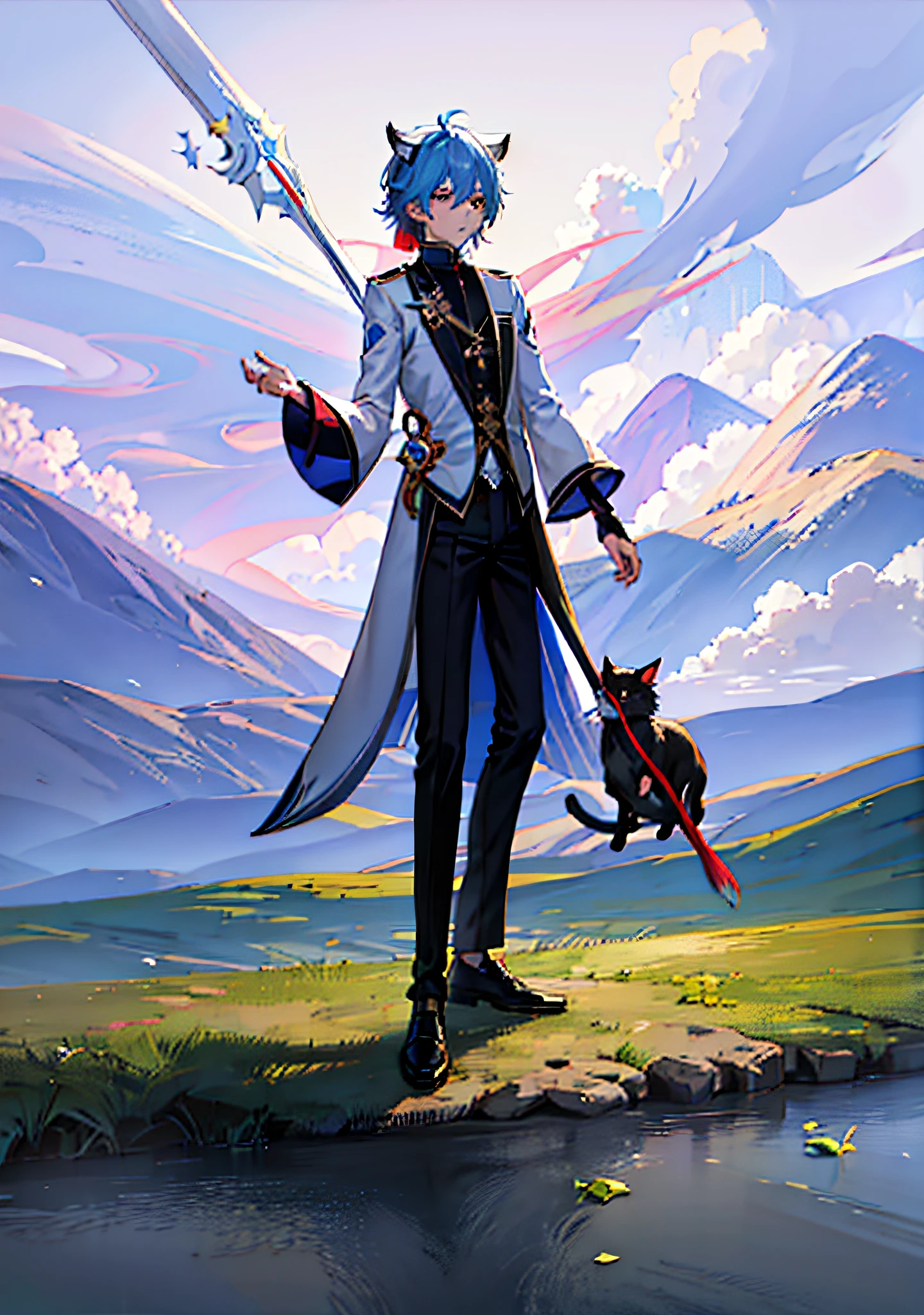 Masterpiece, best quality, high resolution, anime character with blue hair with white costume, Genshin Impact Kokiyo, Genshin Impact character, Remlezze, Ark of Tomorrow, Genshin Impact Nakata, Detailed Key Anime Art, Exquisite Hermaphroditic Prince, Muneshima Shigeri illustration, Genshin Impact style, Beautiful Hermaphroditic Prince, Key Anime Art, Genshin Impact, Full Body Single Character, Expressionless, Cat Ears, Cat Tail