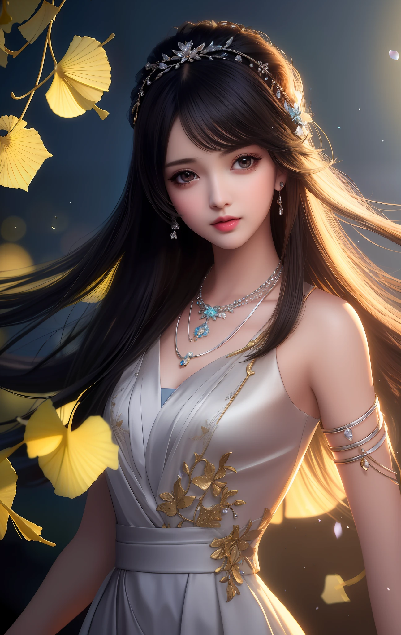 Best quality, masterpiece, high resolution, 1girl, porcelain dress, hair accessories, necklace, jewelry, beautiful face, on the body, tyndall effect, realistic, dark studio, edge lighting, two-tone lighting, (high detail skin: 1.2), 8k uhd, DSLR, soft light, high quality, volumetric light, sneak peek, photo, high resolution, 4k, 8k, background bokeh, black skin, fluttering ginkgo biloba,