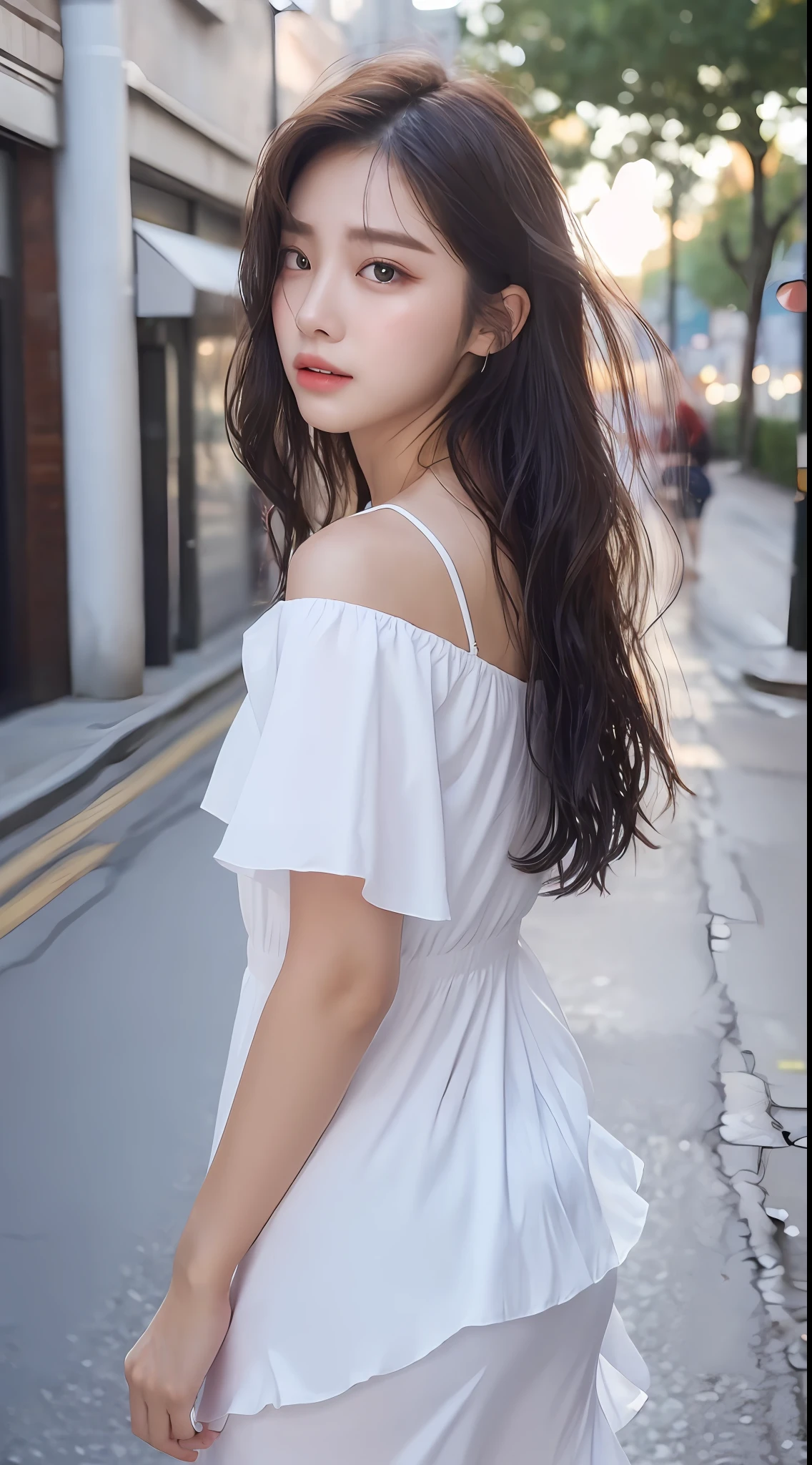 ((Best Quality, 8K, Masterpiece: 1.3)), Focus: 1.2, Perfect Body Beauty: 1.4, Ass: 1.2, ((Layered Haircut, Chest: 1.2)), (Wet Clothes: 1.1), (Rain, Street: 1.3), Bando Dress: 1.1, Highly Detailed Face and Skin Texture, Narrow Eyes, Double Eyelids, Whitening Skin, Long Hair, (Shut Up: 1.3), Tears