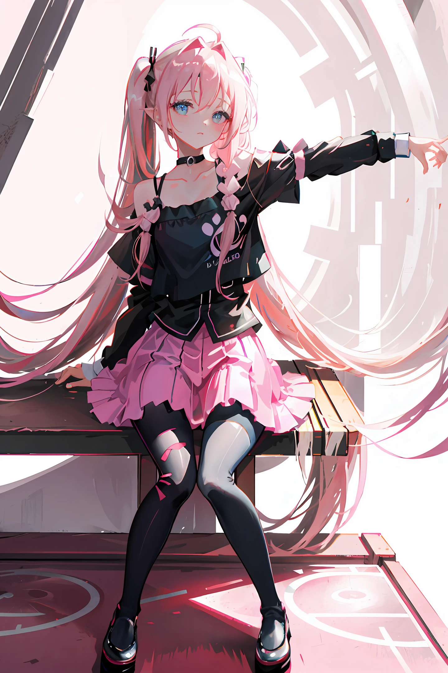 masterpiece, best quality,1girl, solo, long_hair, looking_at_viewer, shirt, pink_hair, long_sleeves, bow, ribbon, twintails, sitting, monochrome, hair_bow, heart, pantyhose, ruffles, food, shoes, choker, blunt_bangs, black_skirt, pink_eyes, stuffed_toy, pink_background, stuffed_animal, frilled_skirt, pink_bow, (fishing nets), candy, band-aids, pink_shirt, teddy_bear, lollipop, (fishnet_pantyhose),  platform_footwear, pink_theme, pill, heart-shaped pupils, 8k, detailed