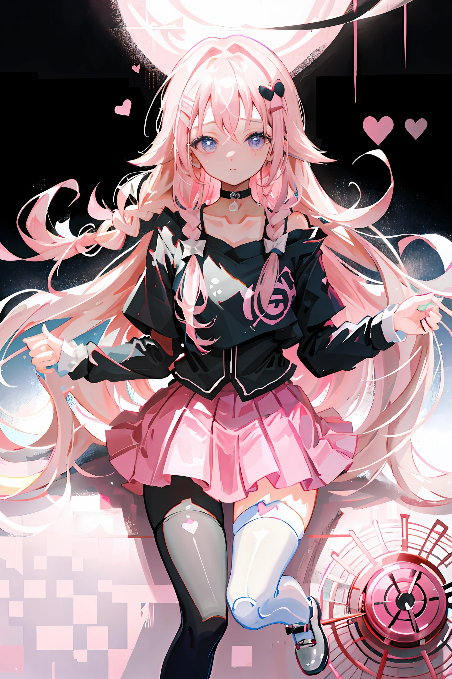 masterpiece, best quality,1girl, solo, long_hair, looking_at_viewer, shirt, pink_hair, long_sleeves, bow, ribbon, twintails, sitting, monochrome, hair_bow, heart, pantyhose, ruffles, food, shoes, choker, blunt_bangs, black_skirt, pink_eyes, stuffed_toy, pink_background, stuffed_animal, frilled_skirt, pink_bow, (fishing nets), candy, band-aids, pink_shirt, teddy_bear, lollipop, (fishnet_pantyhose), platform_footwear, pink_theme, pill, heart-shaped pupils, 8k, detailed