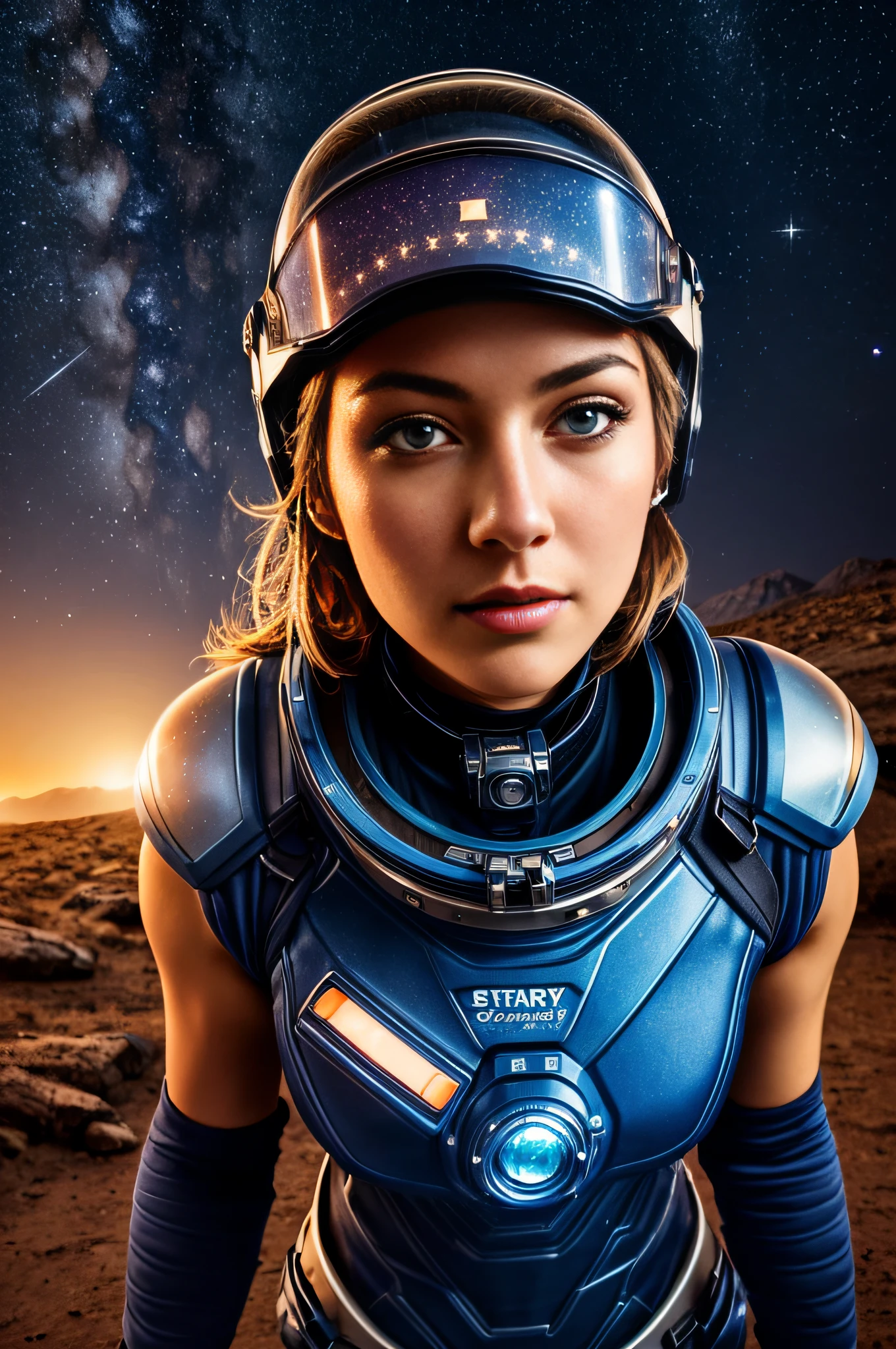 1 beautiful woman, blue eyes ((upper body selfie, happy)), masterpiece, best quality, ultra-detailed, solo, outdoor, (night), mountains, alien planet, (stars, moon, nebulae) cheerful, happy, space backpack, camping ship, drone, astronaut boots, gloves, female space suit top, wearing helmet with visor, neon lantern, alien forest, bright stones, starry sky, smoke,  dust, shadows, contrast, starry clear sky, style, (warm hue, warm tone): 1.2), close-up, cinematic light, side lighting, ultra high resolution, best shadow, RAW, upper body, mature woman.