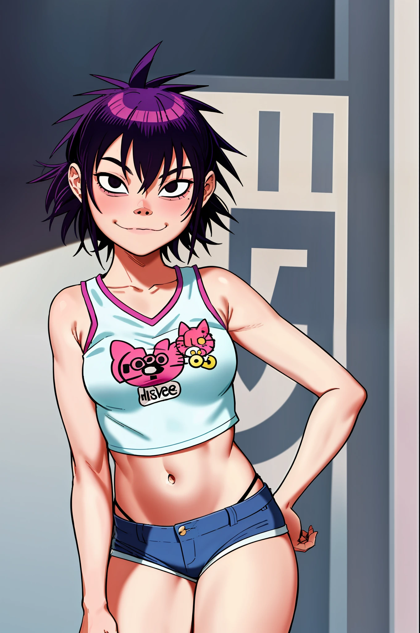 noodles (Gorillaz), masterpiece, best quality, 1girl, solo, purple hair, medium hair, looking at the viewer, bangs, basketball print, upturned nose, converse, over-eye hair, hello kitty, high tops, blush, detailed fingers, 5 fingers, sexy ass, sfw, sexy expression, seductive smile, detailed music studio background, denim shorts, small breasts, long stockings, portrait, crop top, midriff, detailed tummy