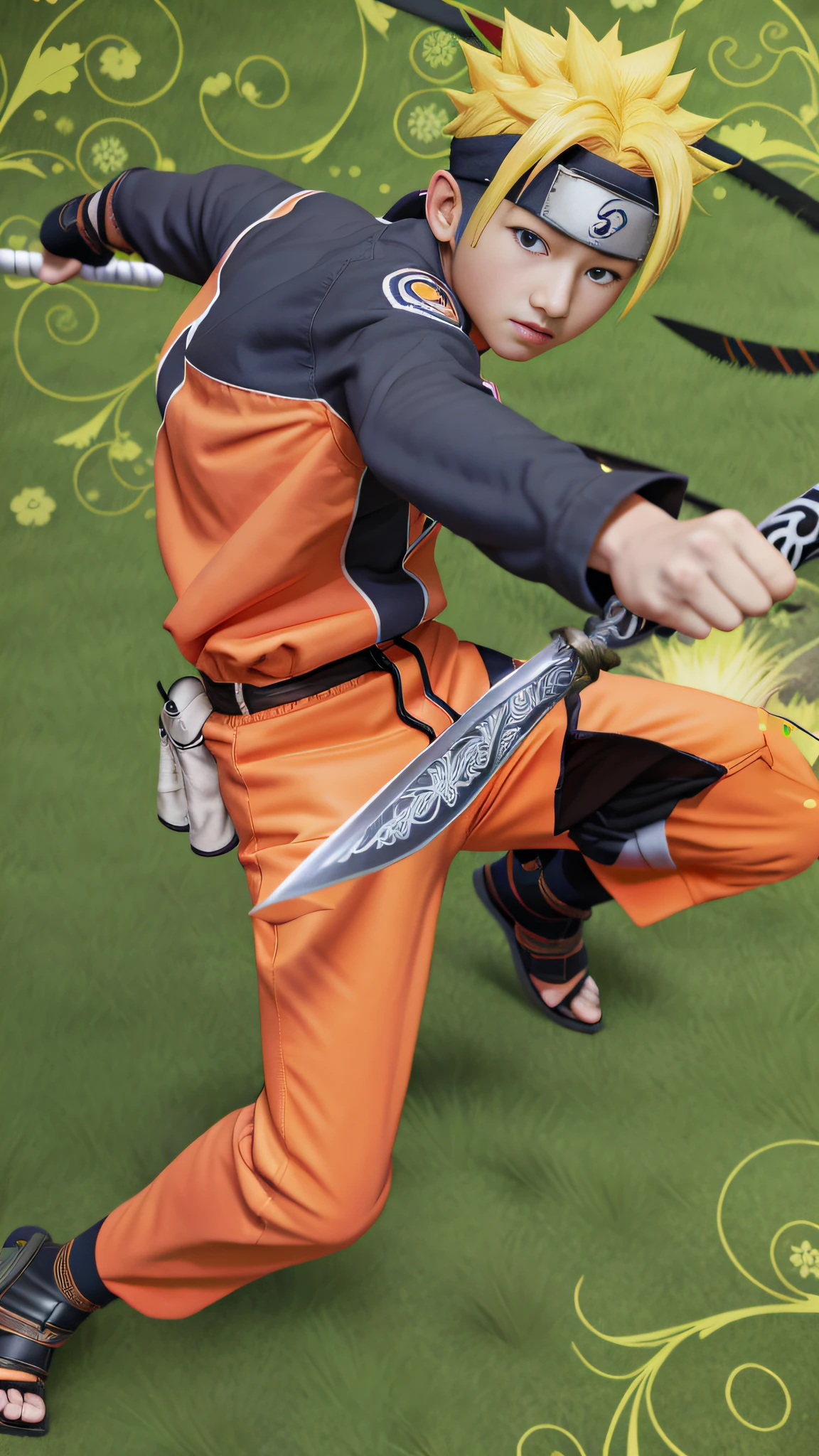 Live action played anime characters, 14yo, masterpiece, ultra high definition, super detail, photos, 8k, 3D, cinematic light and shadow, sword in hand, green background, wielding kunai, Naruto pain, Naruto, Haruno Sakura in sage mode, strongest pose, clown as Naruto, dramatically-wielding katana pose, Haruno Sakura, Naruto art style, Hinata Hinata, Naruto Uzumaki