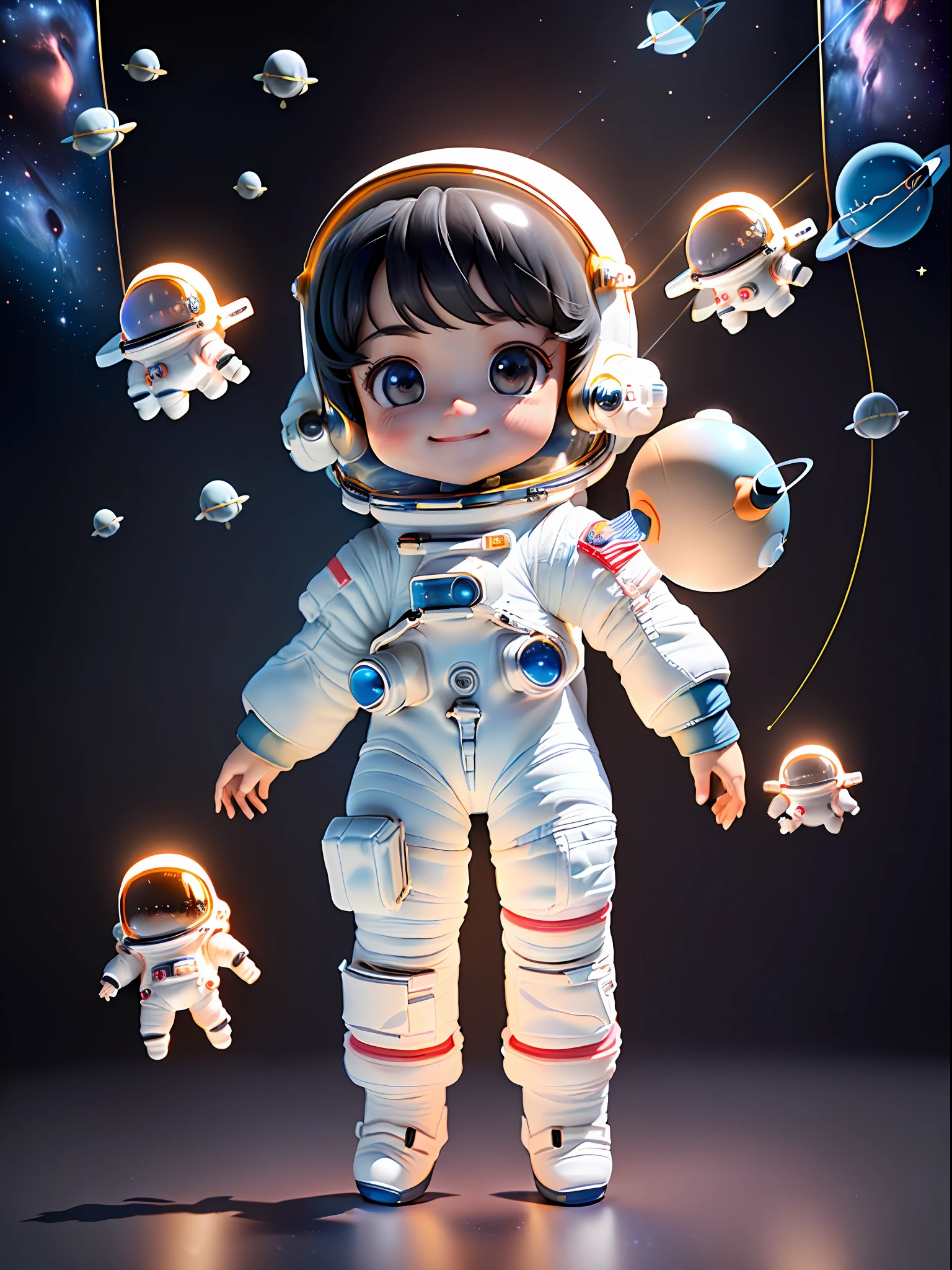 Super cute boy full body 3d drawing, 1 pc, good looking eyes, big eyes, cute, happy, c4d, pop matt blind box, black hair, glowing bubbles, toys, solid color background, chibi, fluorescent translucency, luminous body, kawaii, doll, ((((astronaut, spacesuit))), reference table, pop mart blind box, pixar, complex details, 3d rendering, blender, oc renderer, fol body reference sheet, Dribble, High Details, 8K, Studio Lighting, , Petite, Child, Chibi, SD characters: 1.1, Magic Space Chambers background (suspended in the air) (black hair) (smile) (wearing a glass oxygen mask on his head) (full body portrait)