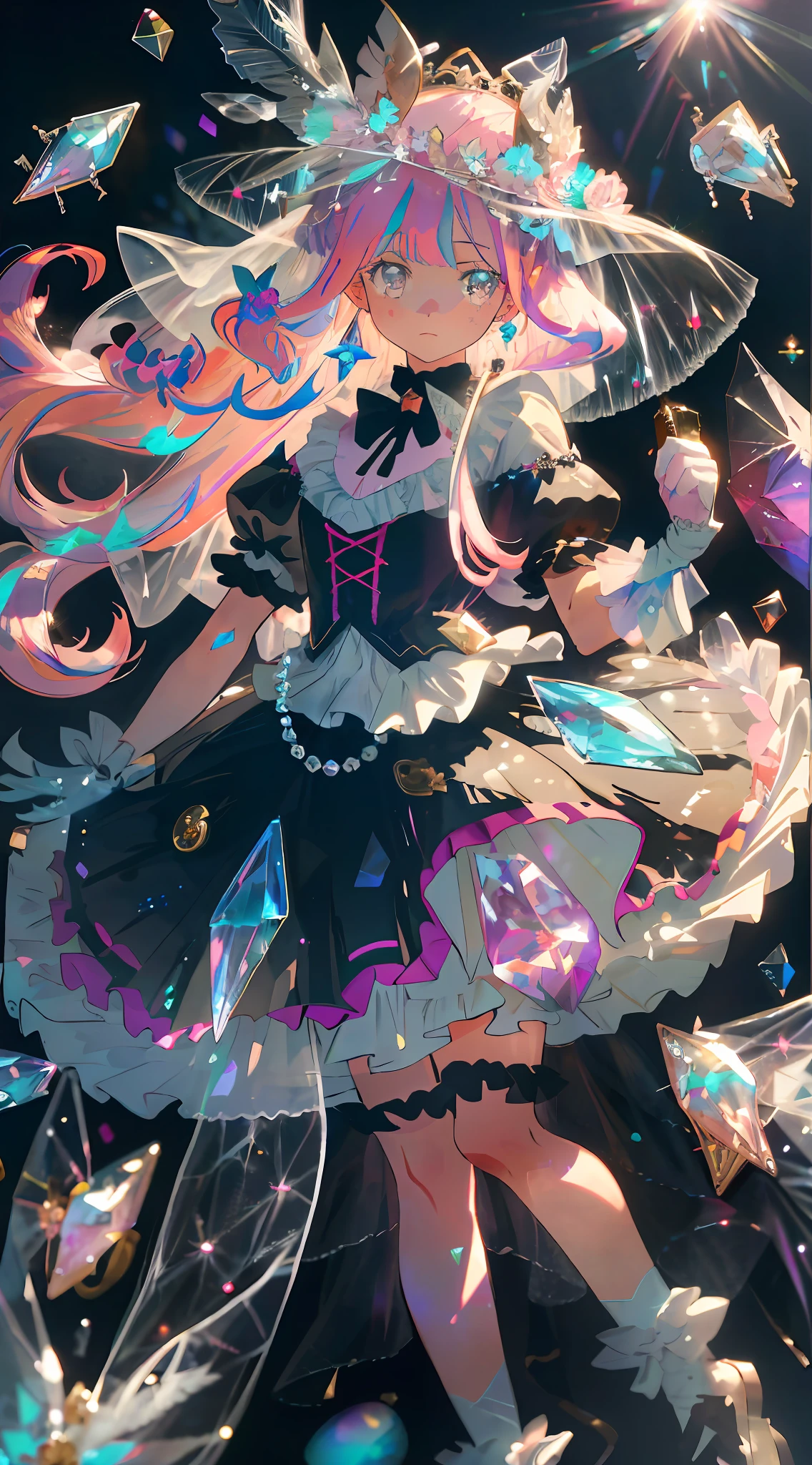 1girl, extreme detail, ta, loliashion, frills, intricate and gorgeous, gloves, afternoon tea, ponette hat, curly hair, macarons, cream, colorful, gradient dye, candye, shiny crystal, shiny, light particles, dynamic pose, dramatic composition, candy hair accessories, colorful skirts, pearls, flowers, embroidery, gem-encrusted, flat chest, gauze skirt with broken diamonds, flying, jumping, veil, transparent blouse, lace gloves, delicate portrayal of face, full body, Full body, Opal-like eyes