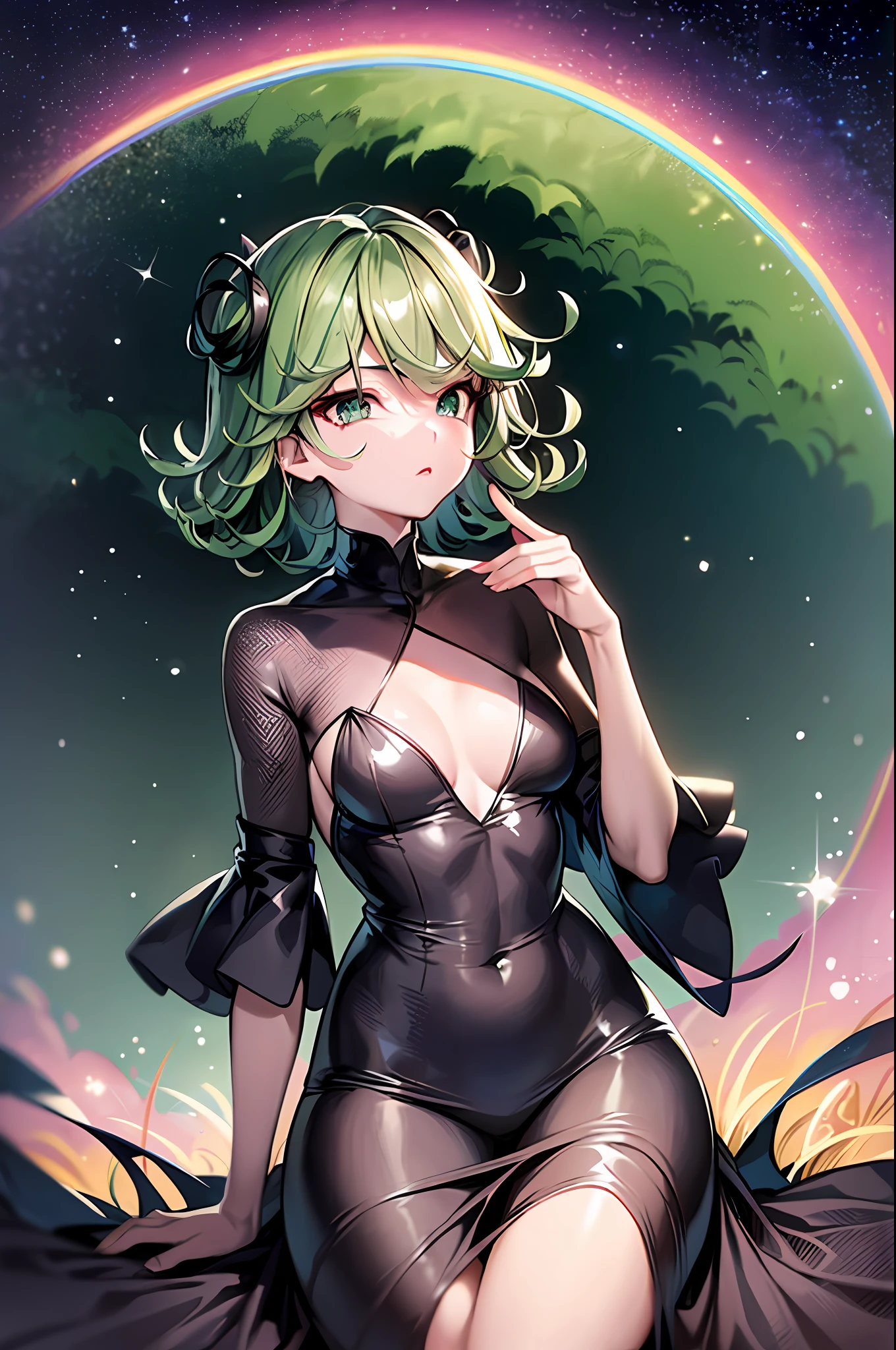 Horror Tatsumaki, highest quality, best image quality, concept art, beautiful girl, full body, small breasts, short hair, dressed, sitting, wilderness, night, starry sky, dream, rainbow, hope, dynamic composition, looking far away, hands drawn correctly