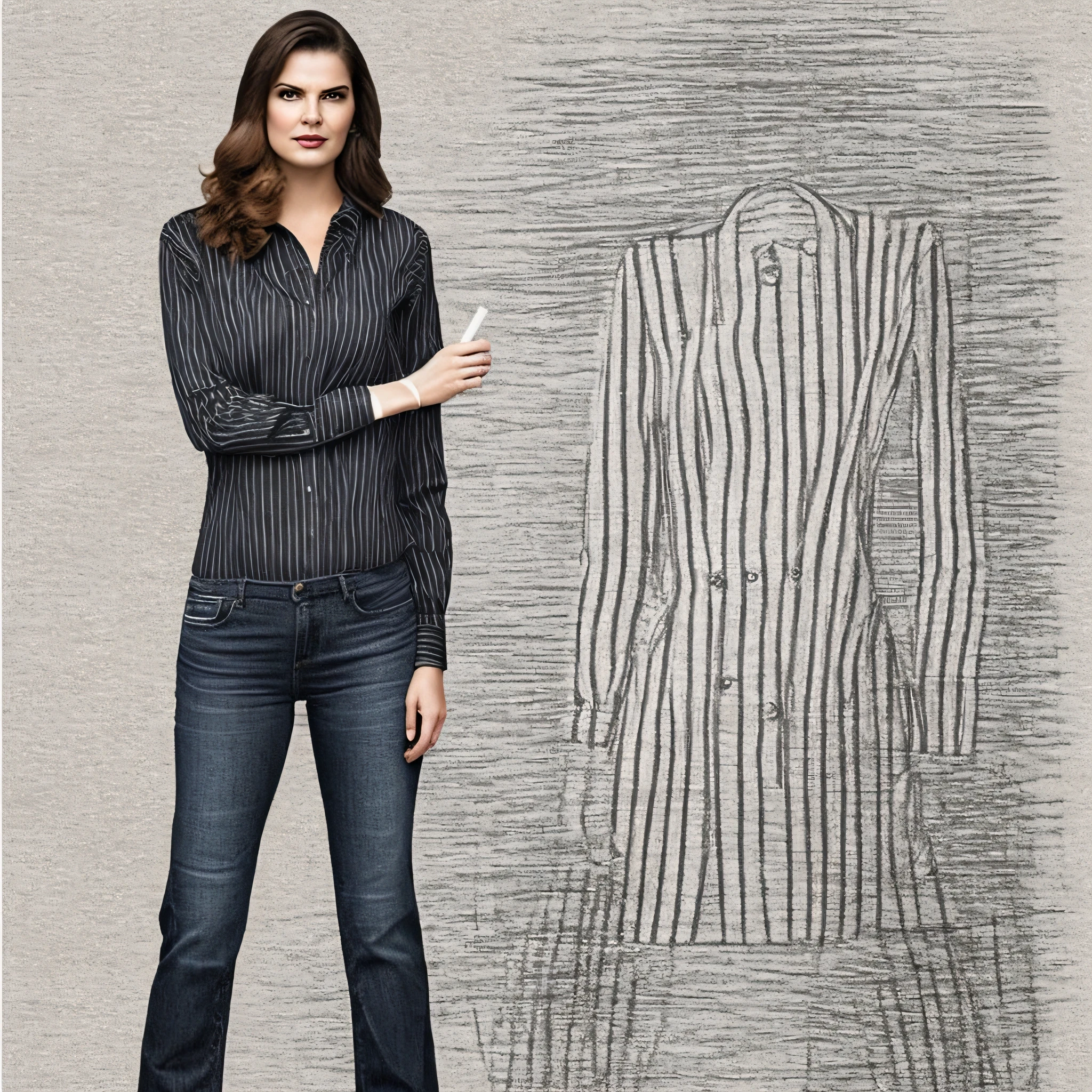 Photo of realistic woman, reminiscent of young Sophia Lorem, wearing a shirt with straight lines, a straight jeans and a blaser drawing the silhouette