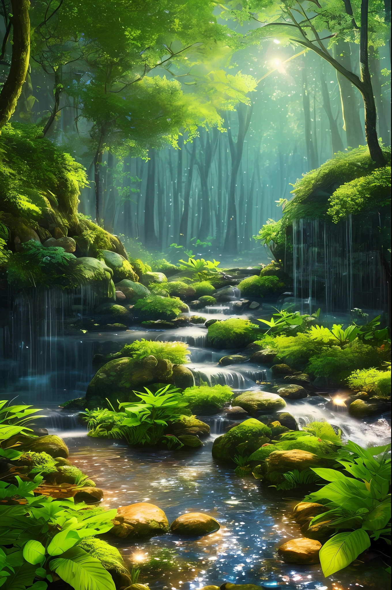 A masterpiece, the best quality, stunning reflections, the best reflections ever. (very detailed CG unity 8k wallpapers), (best quality), (best illustrations), (best shadows), forest theme with natural elements. Tall trees, quiet streams, small glowing mushrooms surrounded by delicate leaves and branches, with fireflies and glowing particle effects,, (natural elements), (jungle theme), (leaves), (twigs), (fireflies), butterflies, (delicate leaves), (glow), (particle effects). , Isometric 3D, Octane Rendering, Ray Traced, Super Detailed