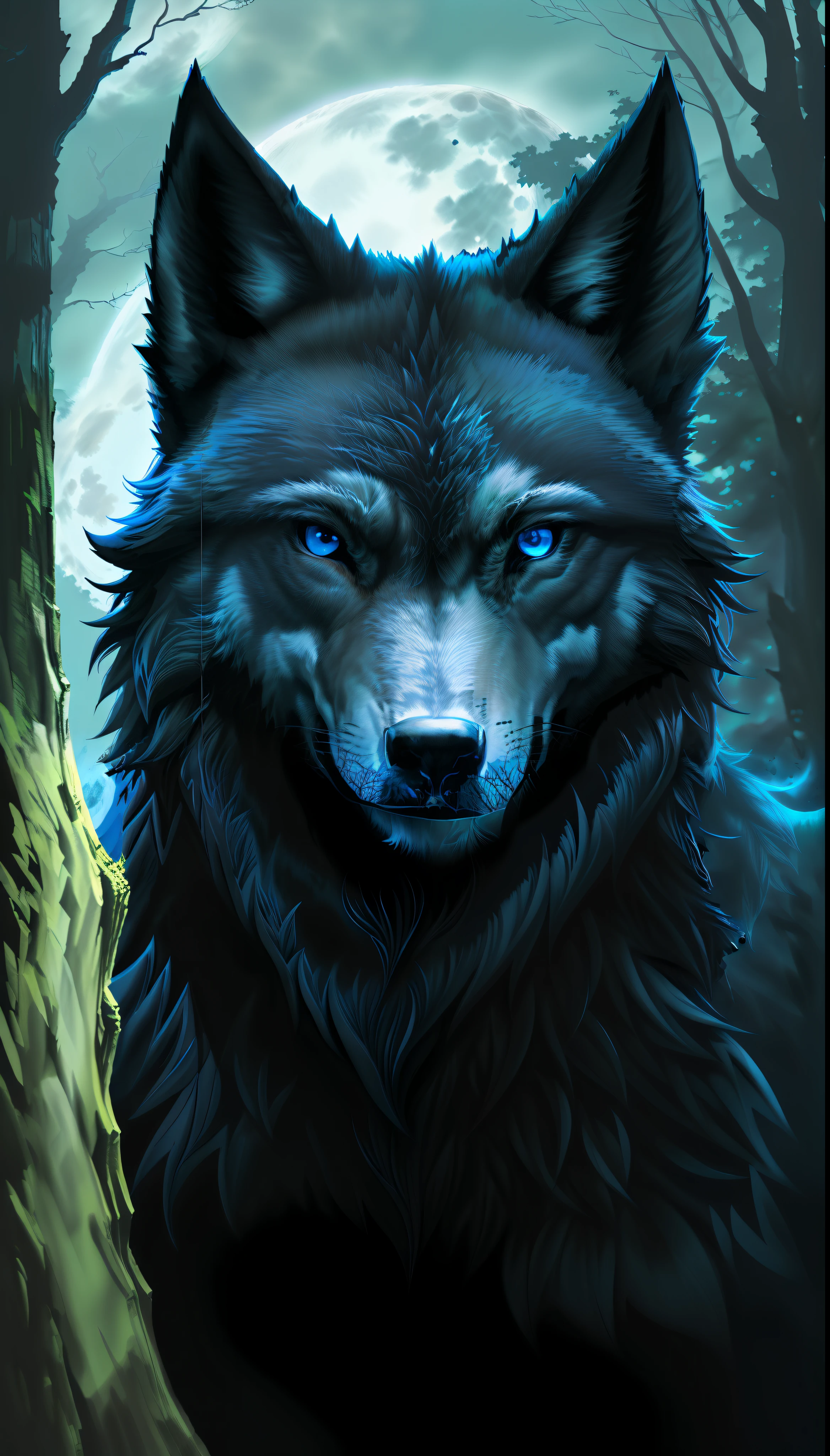 (Masterpiece detailed high image quality) "Black color with blue eyes" wolf dangerous forest, midnight, full moon. 1 solo lobe. ( Front angle of image)