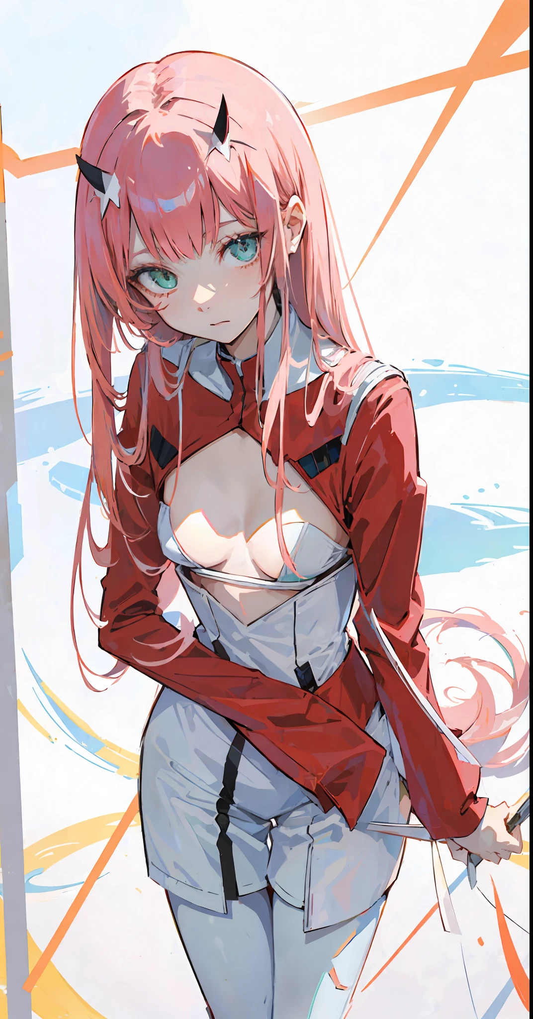 zero two\(darling on franxx\), darling on franxx, 1girl, bangs, bite, from above, shadow, green eyes, hair behind head, horns, long hair, looking at viewer, medium breasts, white Bra, makeup, small breasts, pilot suit, red suit, pantyhose, pink hair, red eyeshadow, science fiction, tight skin, solo