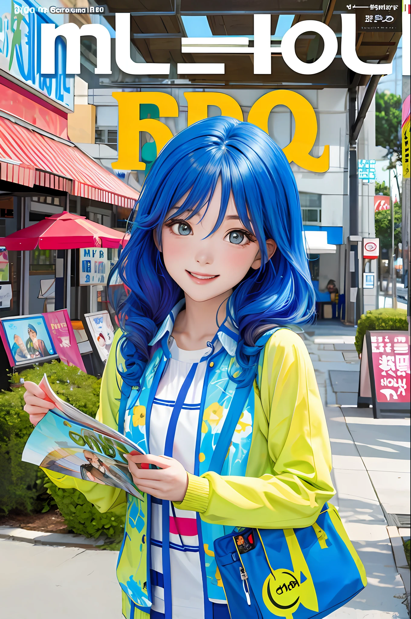 masterpiece, best quality, spring outfit, colorful hair, outdoor, magazine cover ,upper body,
