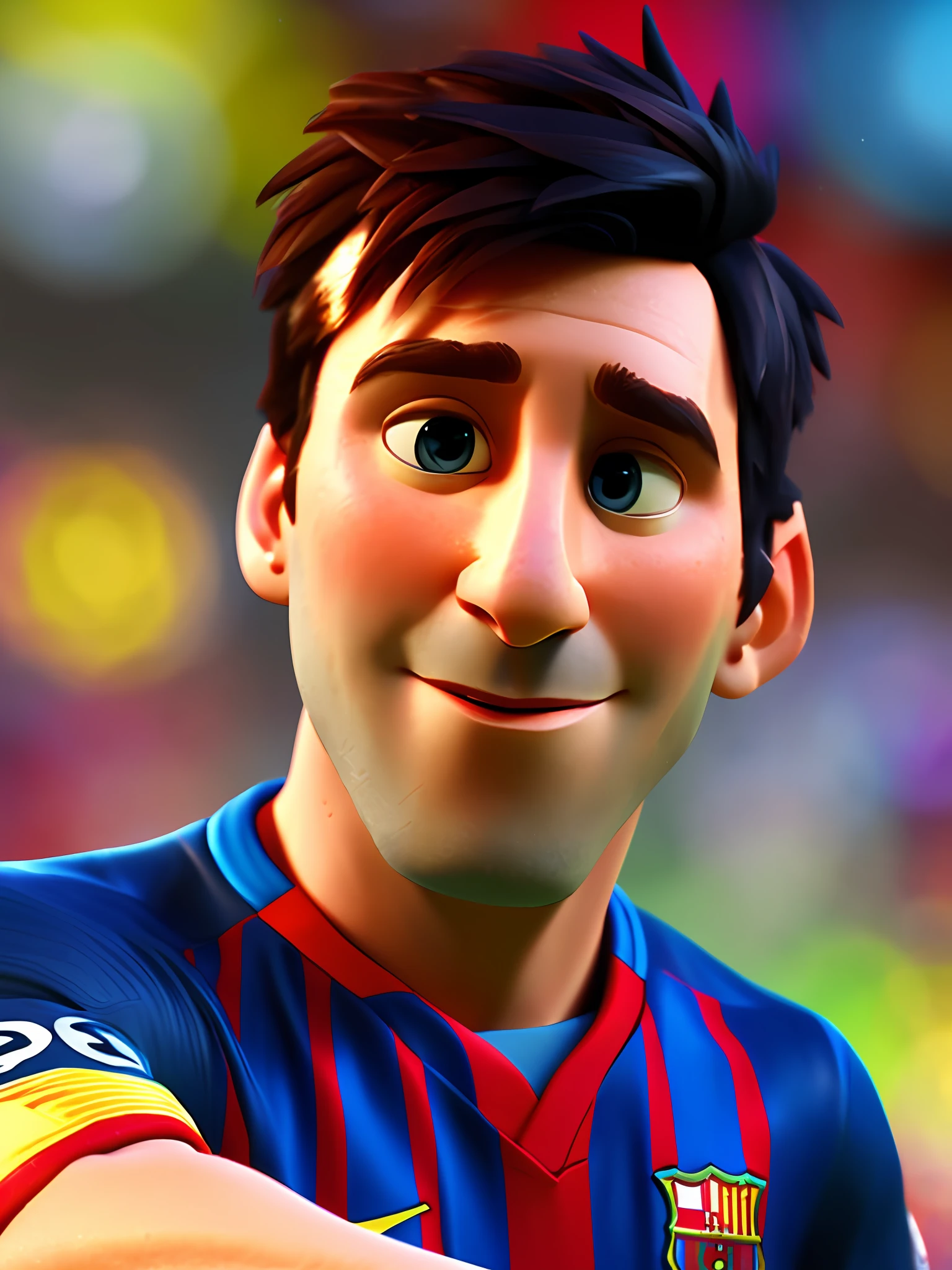 Lionel Messi, (pixar style) (masterpiece:1.2) (bokeh) (best quality) (detailed skin) (detailed texture) (8k) (claymation) (cinematic lighting) (sharp focus