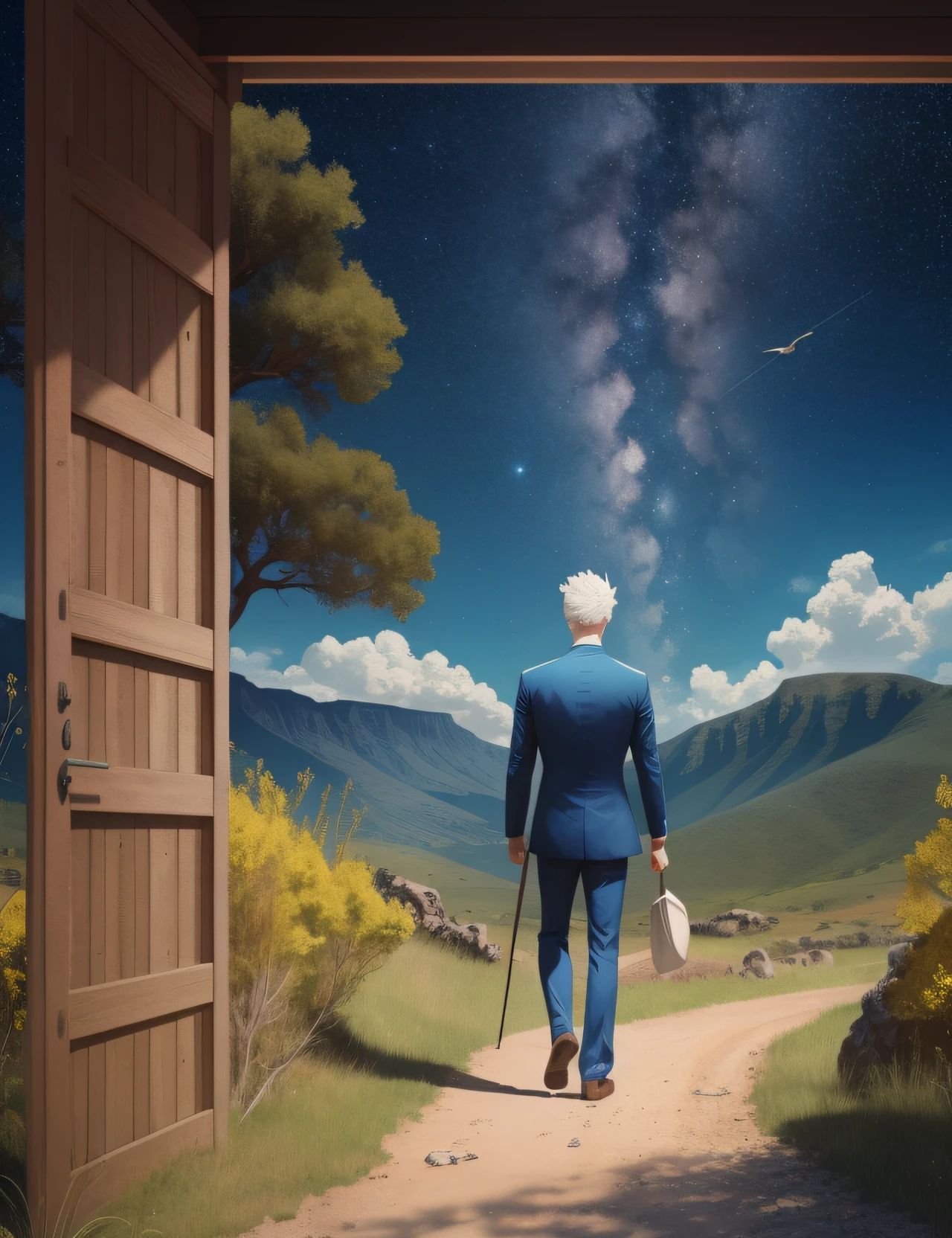 cover of a book, In the upper part of the cover, the starry sky in a dark blue tone can be predominant, In the center of the cover, positioned on a winding road, would be a man, with emphasis on his albinism, he would be portrayed walking with determination and courage, his figure highlighted by a soft glow of light emanating from him, symbolizing his inner strength. She would be wearing simple clothes, but with details that show her albinism. Along the way, typical South African vegetation, such as acacias and bushes, could be represented in earthy tones. To complete the composition, small symbolic elements could be inserted, such as birds flying towards the horizon, representing freedom and the search for a better future.
All 4d rendered and digital painting --auto --s2