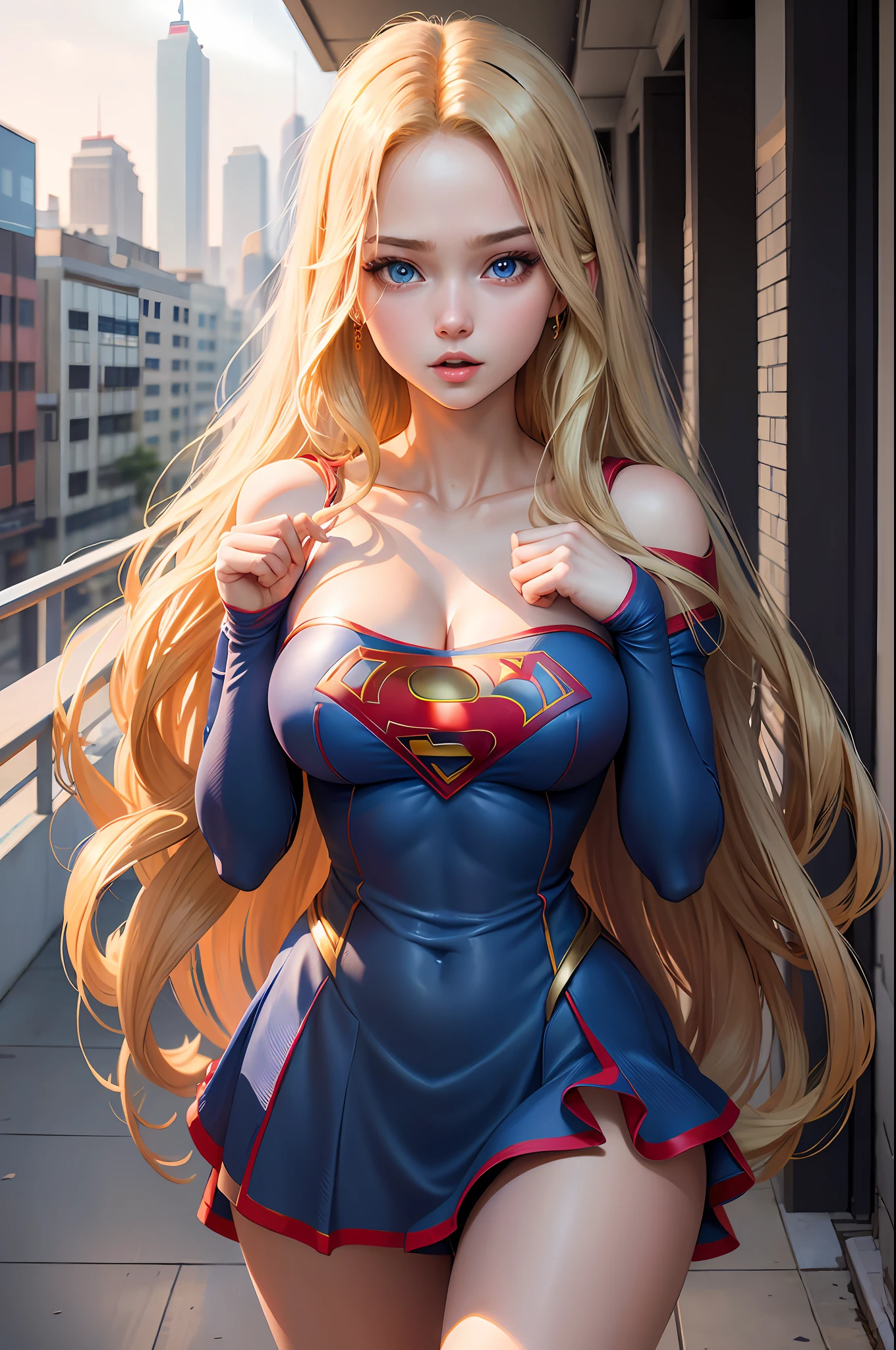 ((best quality, masterpiece, absurdress) , supergirl , 19 years old,long blonde hair, voluminous hair, loose hair, blue expressive eyes,huge breasts, korean school uniform supergirl terrace of a building, view of other buildings ,day