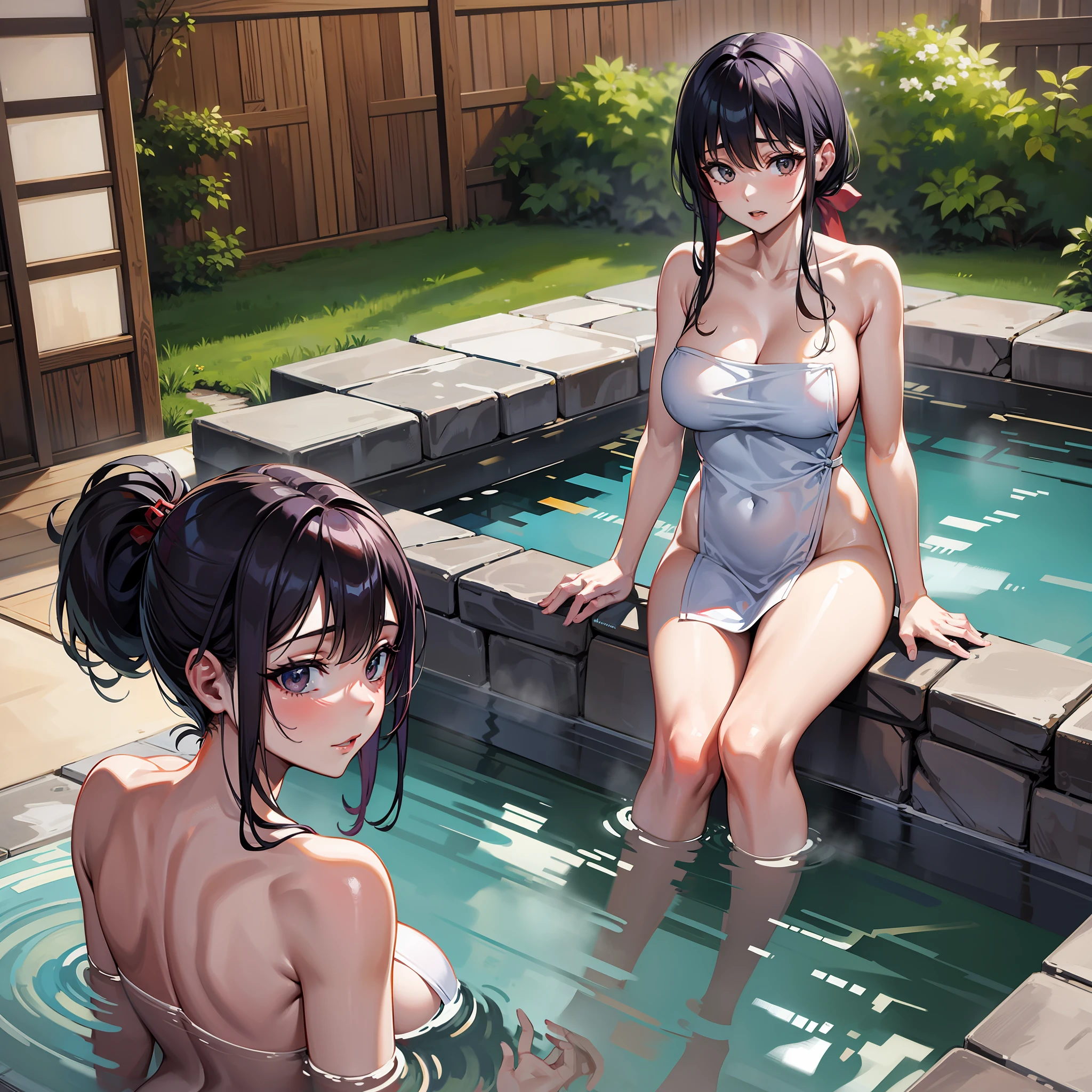 Naked adult woman, Japanese spa , outdoor , big bath towel