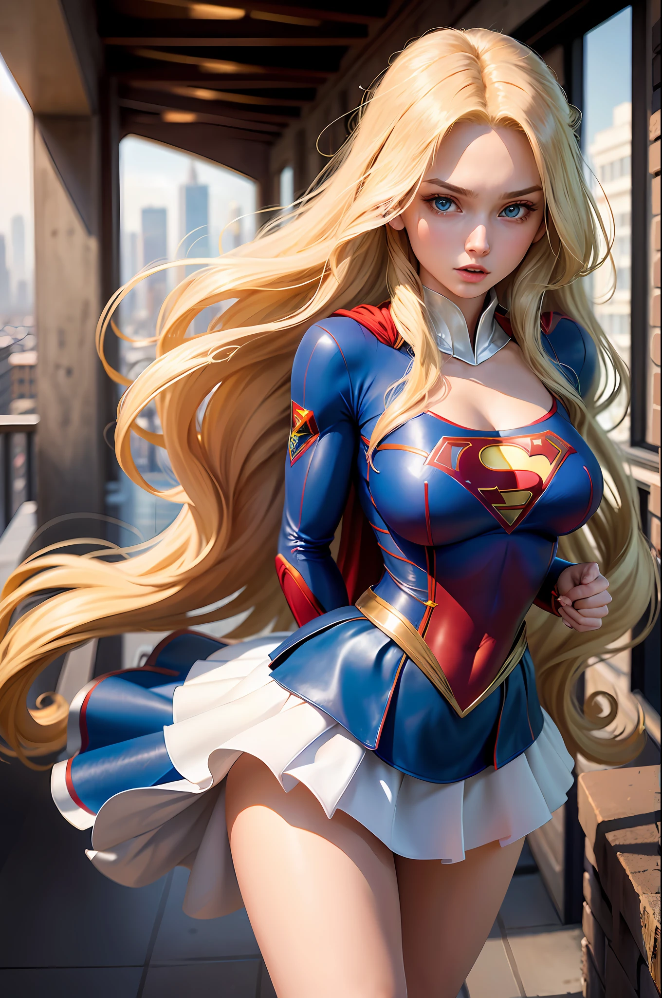 ((best quality, masterpiece, absurdress) , supergirl , 19 years old,long blonde hair, voluminous hair, loose hair, blue expressive eyes,huge breasts, supergirl uniform terrace of a building, view of other buildings ,day