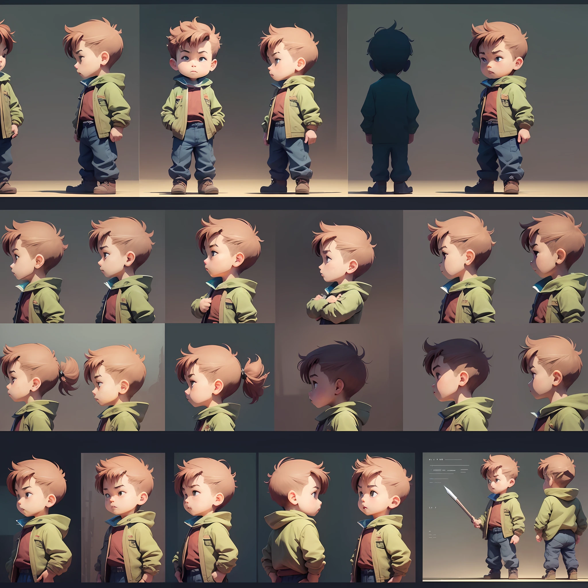  character, a 6 boy standing,thinking something , multi poses and expressions,all angles,animation character sheets,flat illustration,no outline,no backgraound --at 16:9 --auto --s2