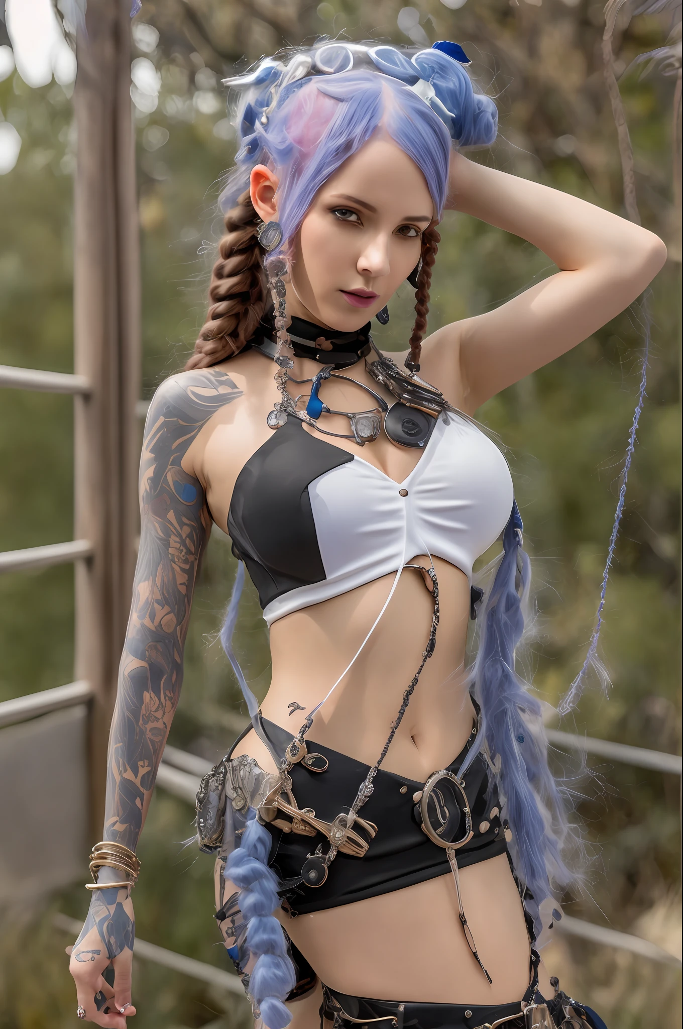 an steampunk girl at a party, (white crop top:1.2), small breast, black and blue leather, tattoo, hyper detailed, ultra sharp, long auburn hair in braids, 8k, (insanely detailed:1.5), full body photograph, 20 megapixel, canon eos r3, detailed skin, pale skin