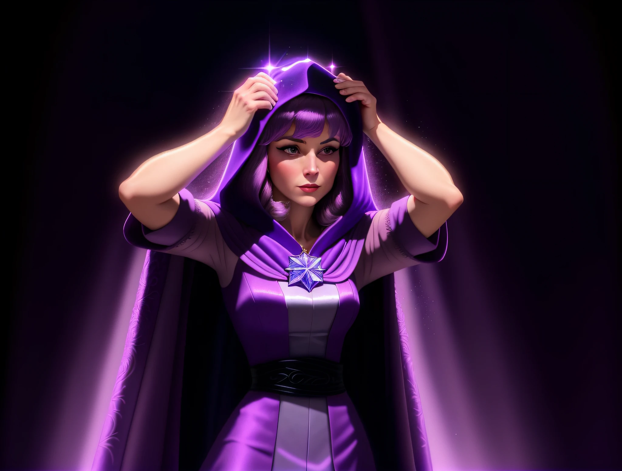a close up of a cartoon of a woman in a purple dress, inspired by Daphne Fedarb, velma, filmation, sorceress woman, cloaked woman, wearing a flowing cloak, purple robe and veil, sorceress, filmation animation, in a purple cloak, megara, the sorceress, joe biden as a hooded arch mage