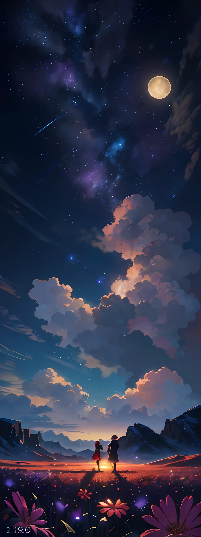 expansive landscape photography, (a view from below that shows the sky above and the open field below), a couple of lovers standing in a field of flowers looking up, (full moon: 1.2), (shooting stars: 0.9), (nebula: 1.3), distant mountain, tree BREAK production art, (hot light source: 1.2), (Firefly: 1.2), lamp, very purple and orange, complex details, volumetric lighting, realism BREAK (masterpiece: 1.2), (best quality), 4k, ultra-detailed, (dynamic composition: 1.4), highly detailed, colorful details, (iridescent colors: 1.2), (bright lighting, atmospheric lighting), dreamy, magical, (solo: 1.2)