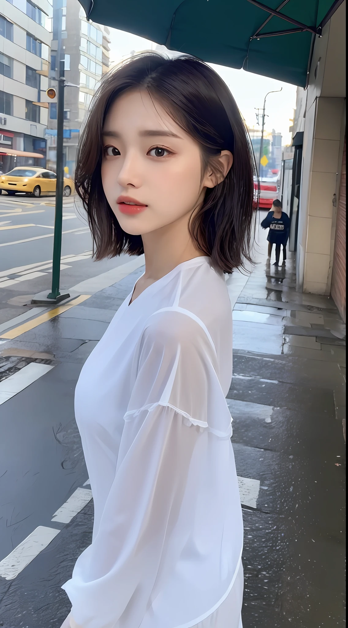 (Top Quality, 8K, Masterpiece: 1.3)), Focus: 1.2, Perfect Body Beauty: 1.4, Ass: 1.2, ((Layered Haircut, Breasts: 1.2)), (Wet Clothes: 1.1), (Rain, Street: 1.3), Bando Dress: 1.1, Highly Detailed Face and Skin Texture, Narrow Eyes, Double Eyelids, Whitening Skin, Long Hair, (Shut Up: 1.3), Puzzled