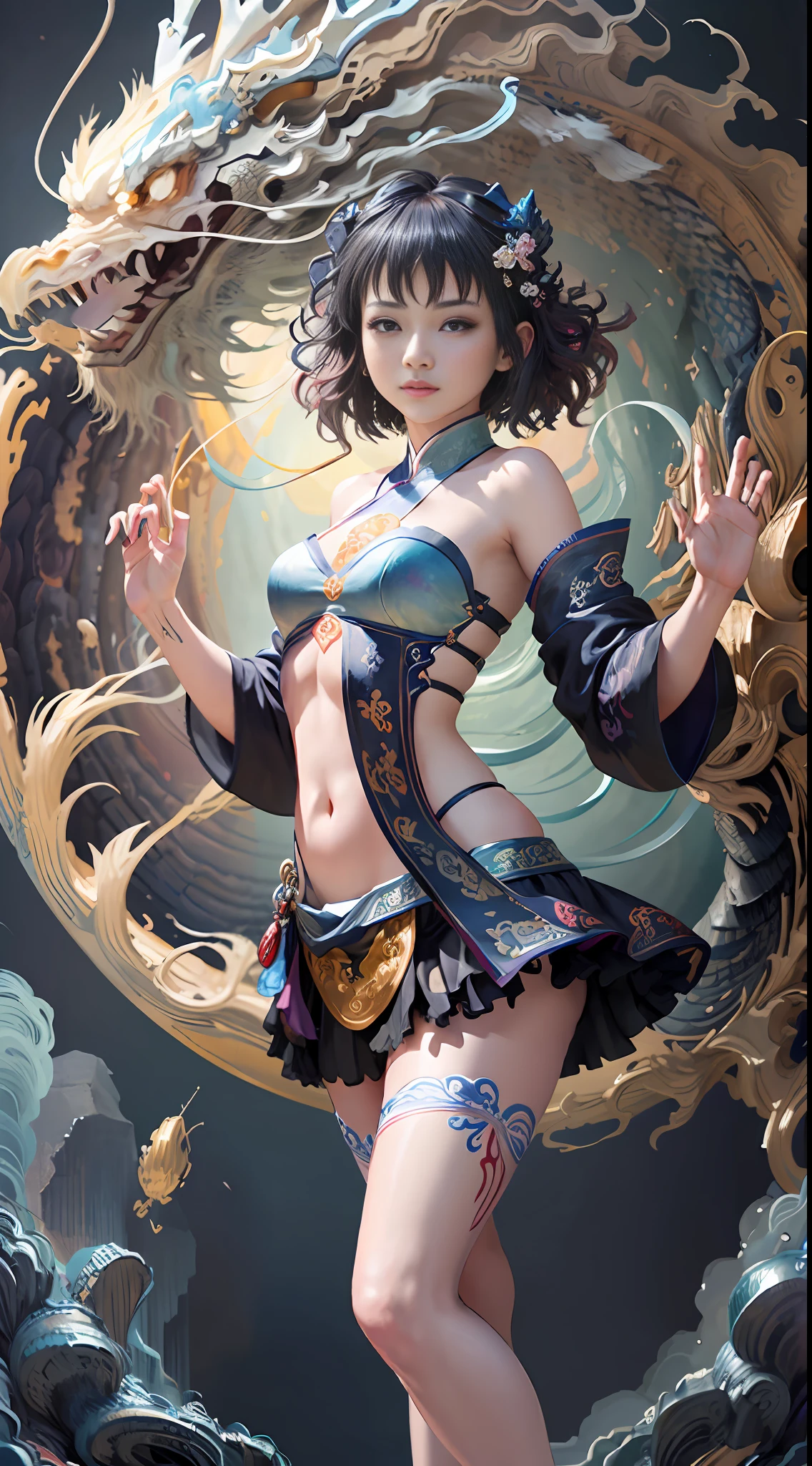 Official Art, Unified 8K Wallpapers, Ultra Detailed, Beautiful and Aesthetic, Masterpiece, Best Quality, (Zentangle, Tangle, Entangle), (fractal art: 1.4), (character center: 1.3), 1girl, black hair, Chinese, off-the-shoulders, short skirt, calf, navel, very detailed, dynamic angle, cowboyshot, (most beautiful form of chaos), ethereal, (bright colors), oc, (half: 1.2), china, (thangka flying sky: 1.5), (ribbon: 1.3), (dream: 1.5), (hanfu: 1.5), Chinese dragon, Chinese phoenix, (smile: 0.5), ( Chinese deities),